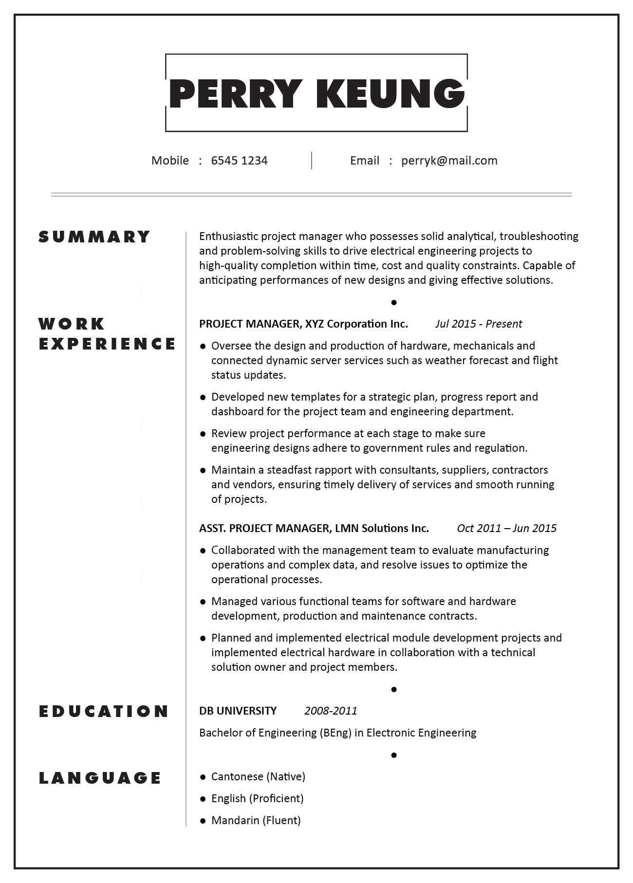 Cv Sample – Project Manager (Electronic/electrical Pertaining To Engineering Progress Report Template