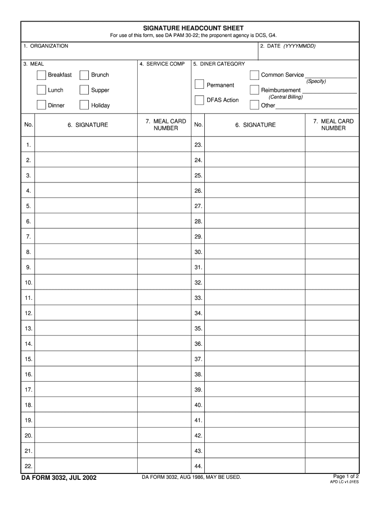 Da Form 3032 – Fill Online, Printable, Fillable, Blank Inside Usmc Meal Card Template