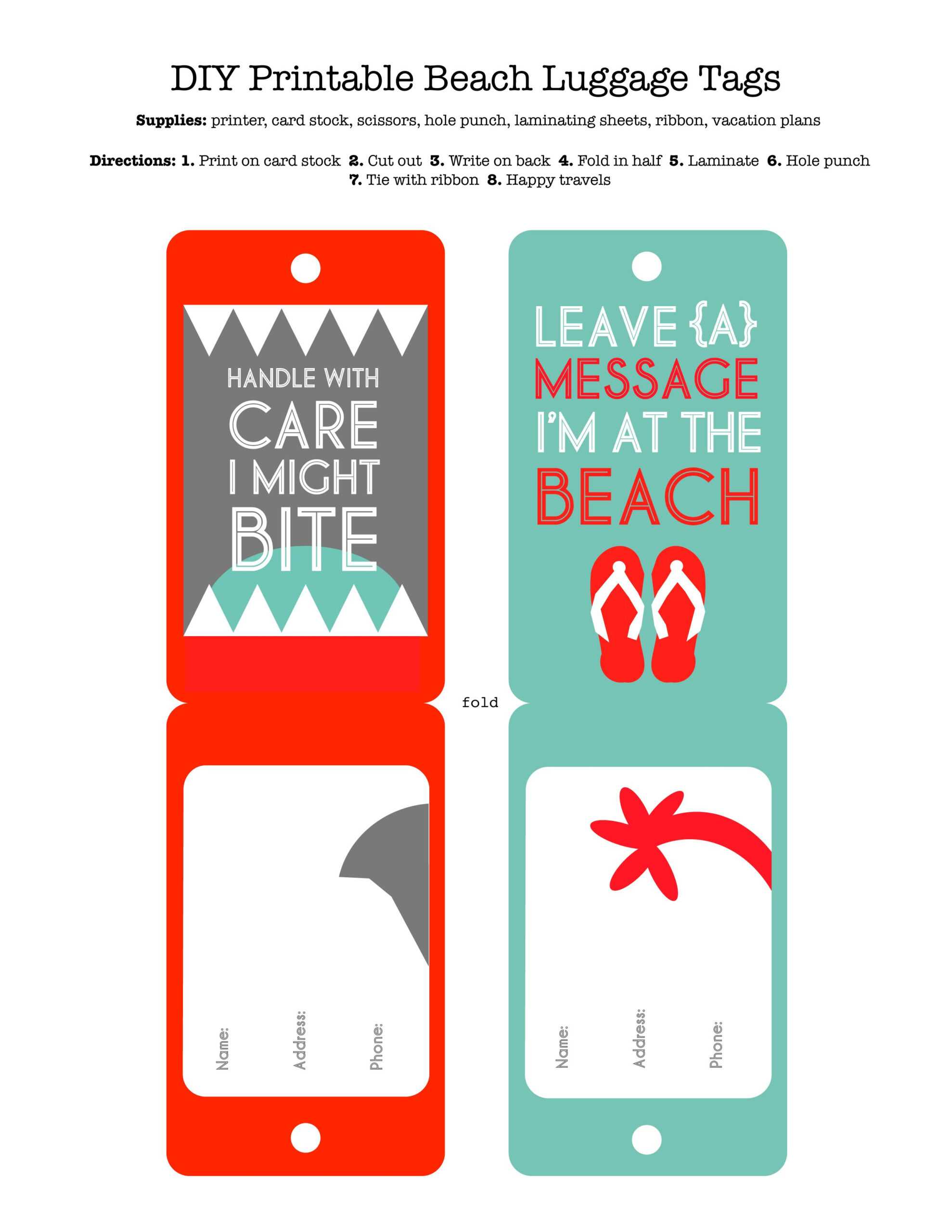 Diy Printable Beach Luggage Tags | Diy Bag Tags, Funny Inside Luggage Tag Template Word