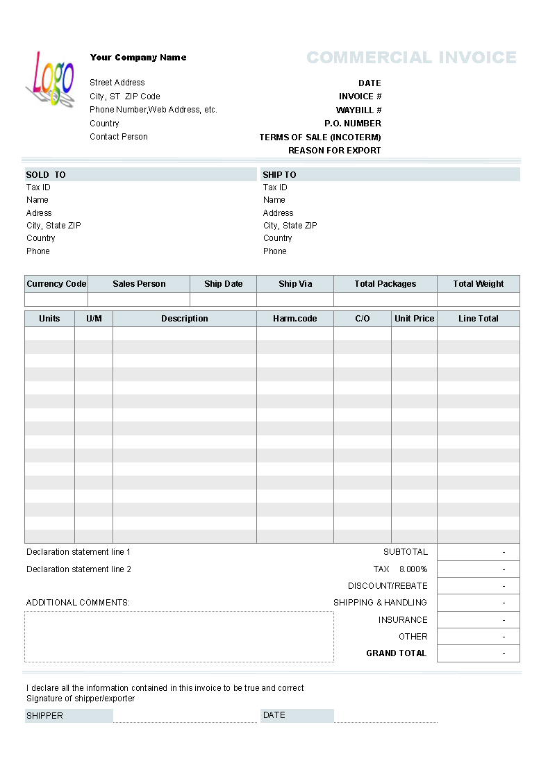 Doc Commercial Invoice Template Fee Download Pdf Within Commercial Invoice Template Word Doc