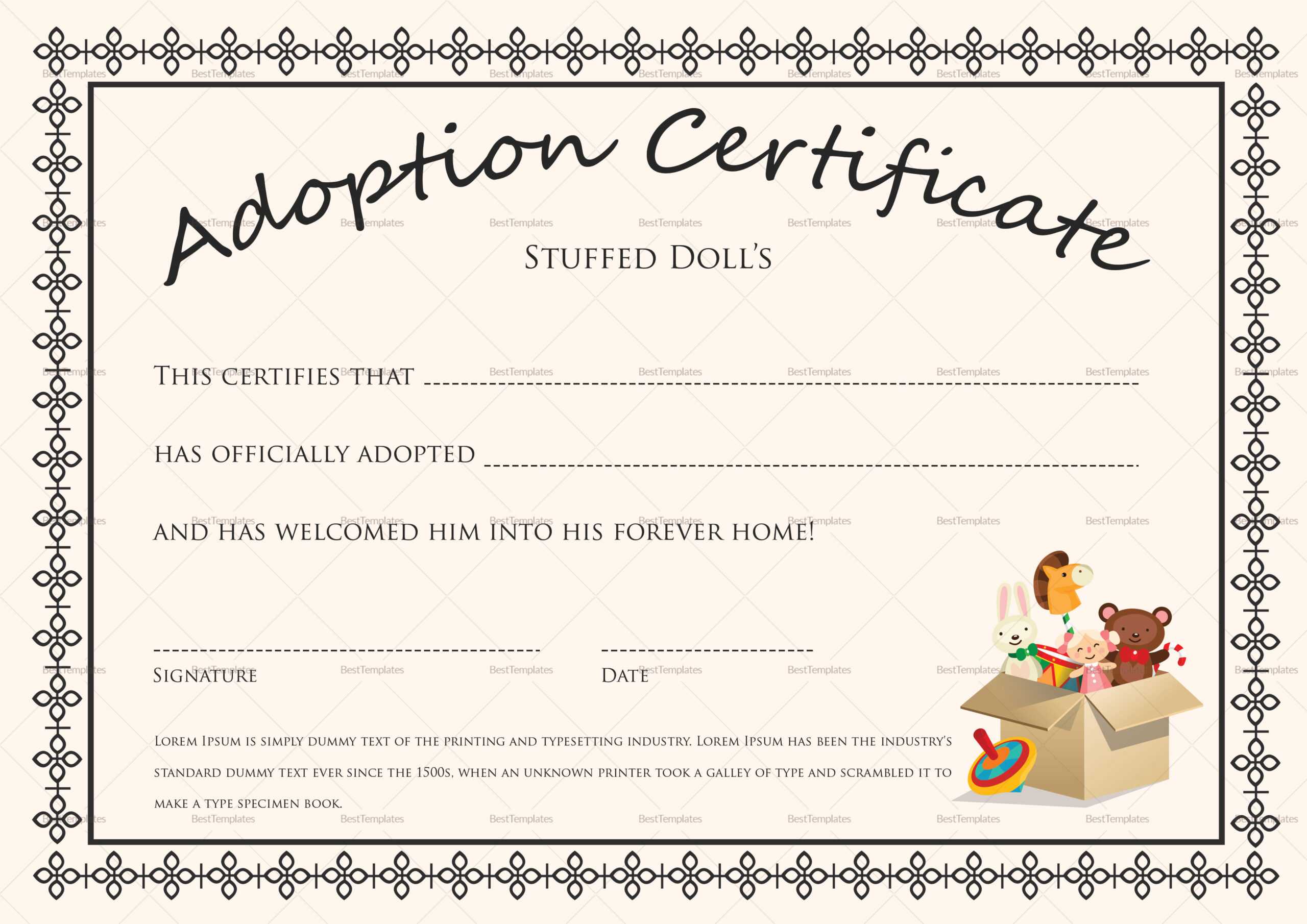 Doll Adoption Certificate Template With Pet Adoption Certificate Template