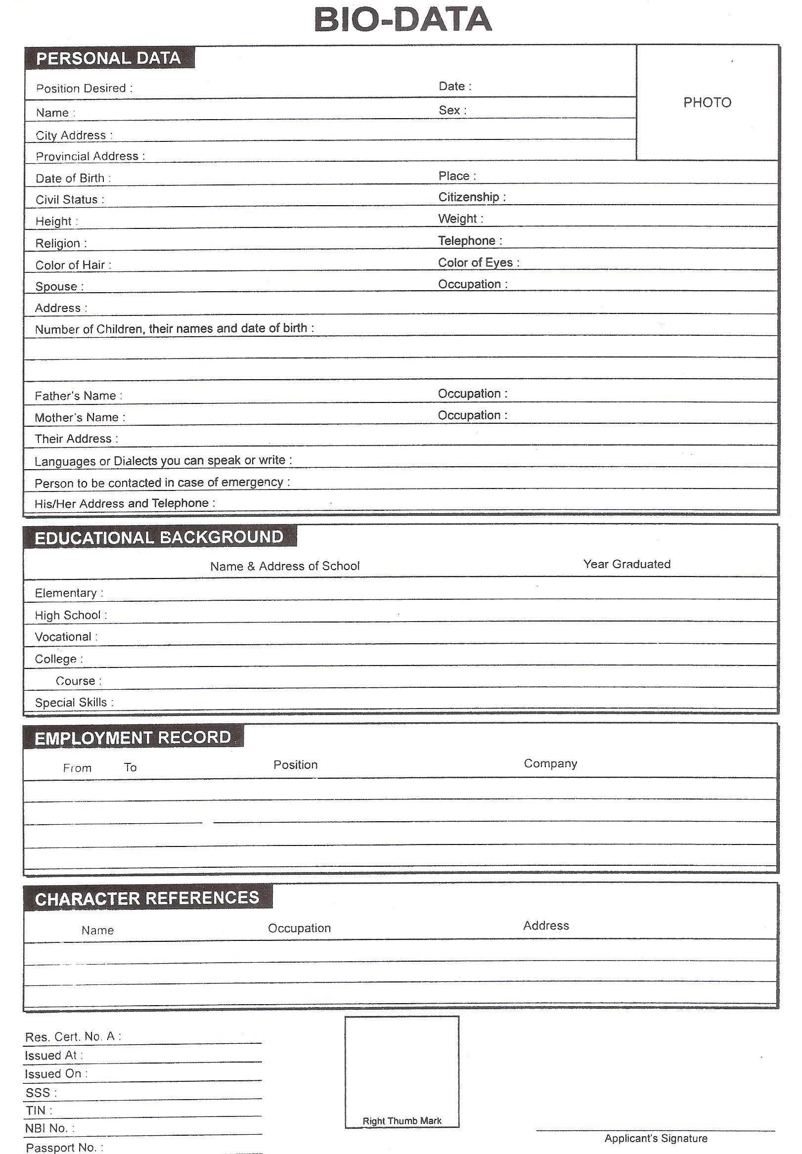 Download Free Blank Resume Forms Pdf | Biodata Format Pertaining To Free Bio Template Fill In Blank