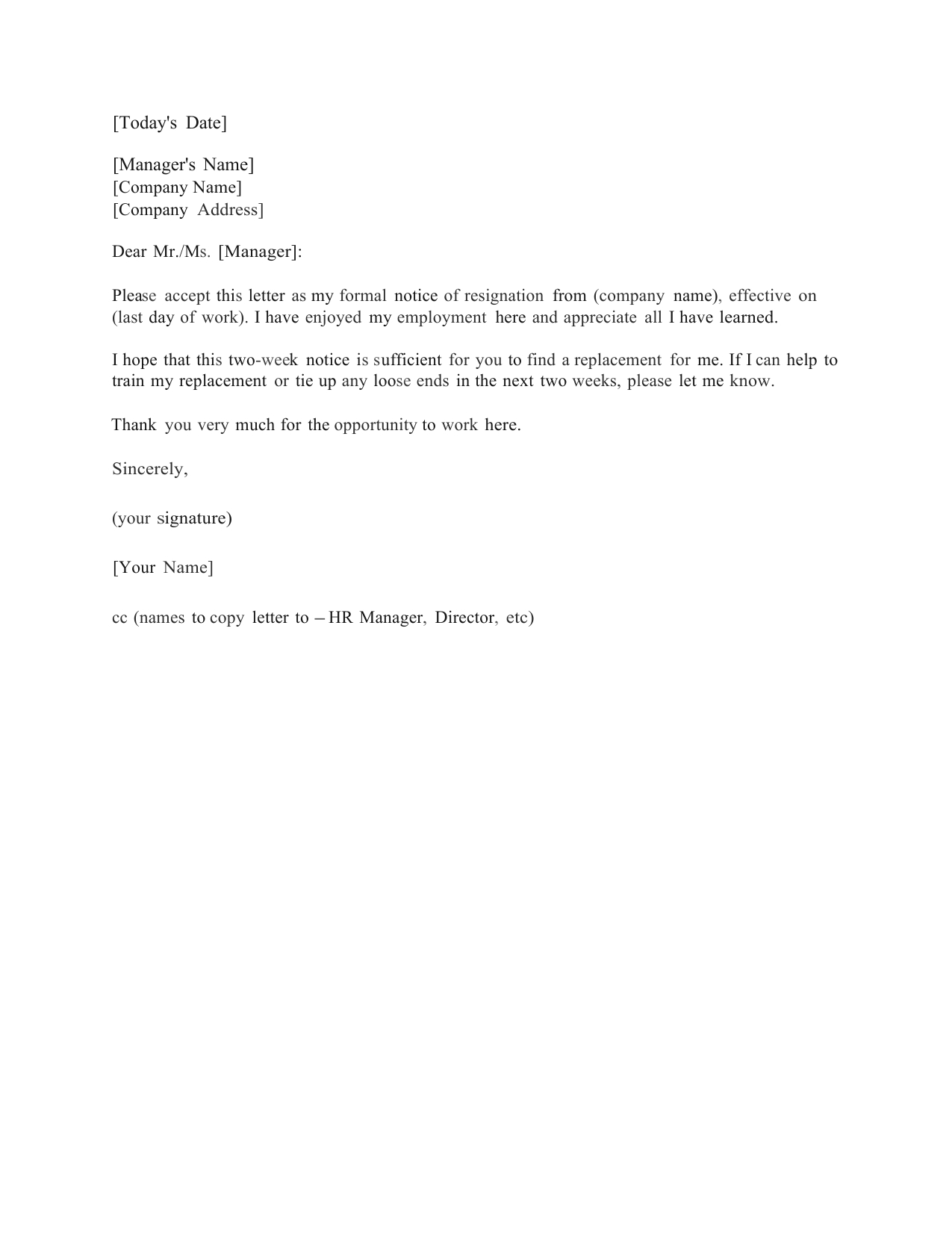 Download Standard Two (2) Weeks Notice Letter Template And Within Two Week Notice Template Word