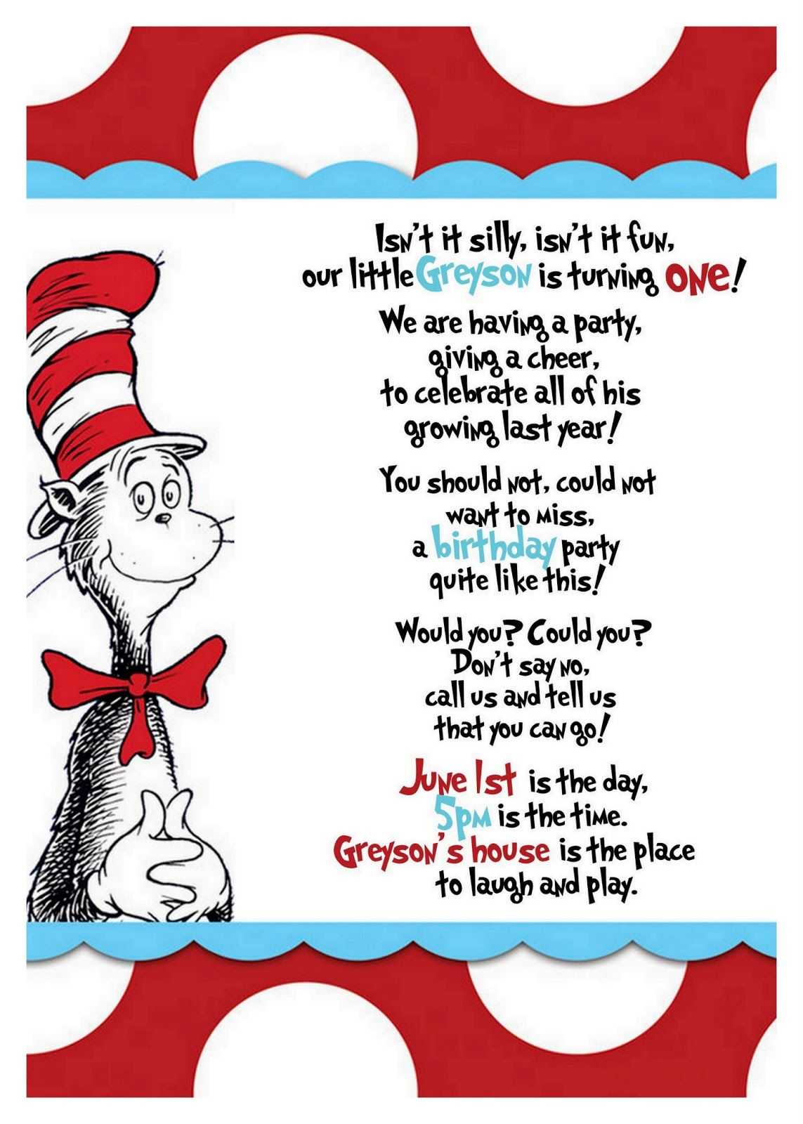 Dr Seuss Cat In The Hat Baby Shower Party Invitation Idea In Throughout Dr Seuss Birthday Card Template