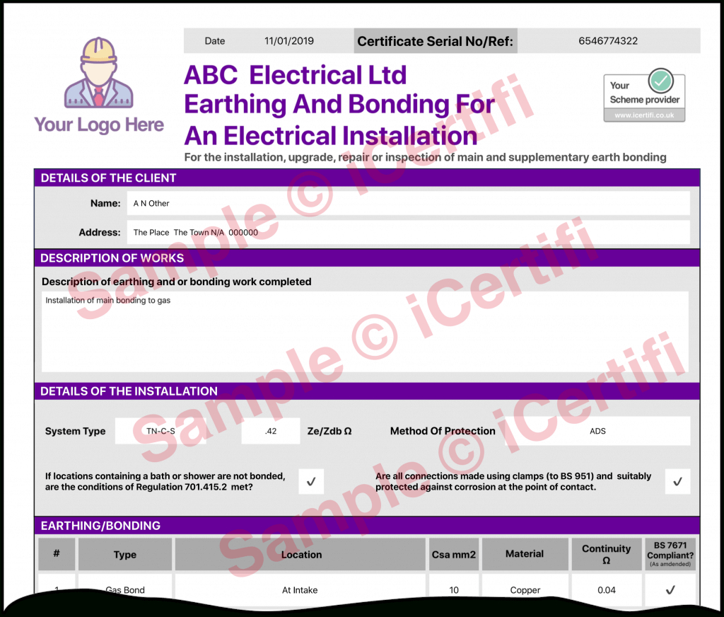 Earthing And Bonding Electrical Certificate From Icertifi Pertaining To Electrical Isolation Certificate Template