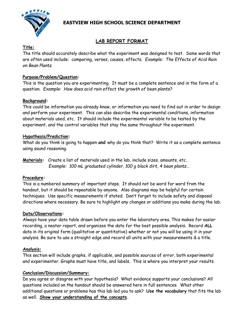 Eastview High School Science Department Lab Report Format Inside Science Lab Report Template