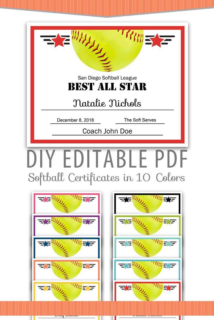 Editable Pdf Sports Team Softball Certificate Award Template Intended For Softball Award Certificate Template