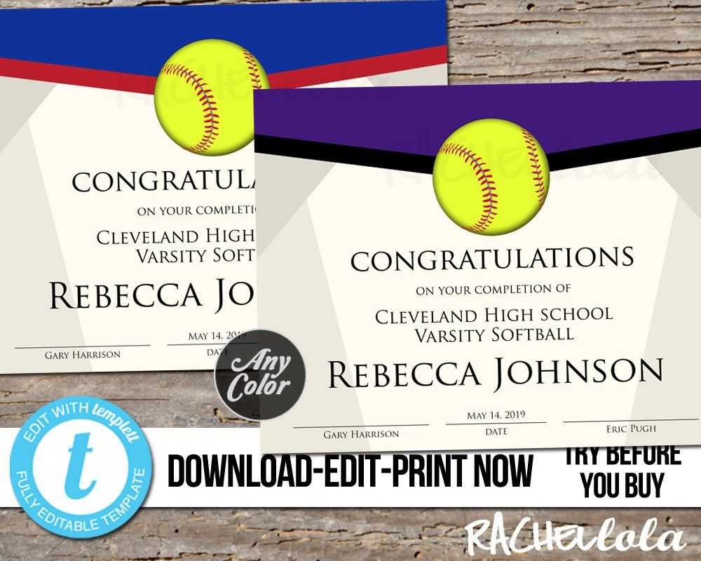 Editable Softball Award Certificate, Custom Printable in Softball Award