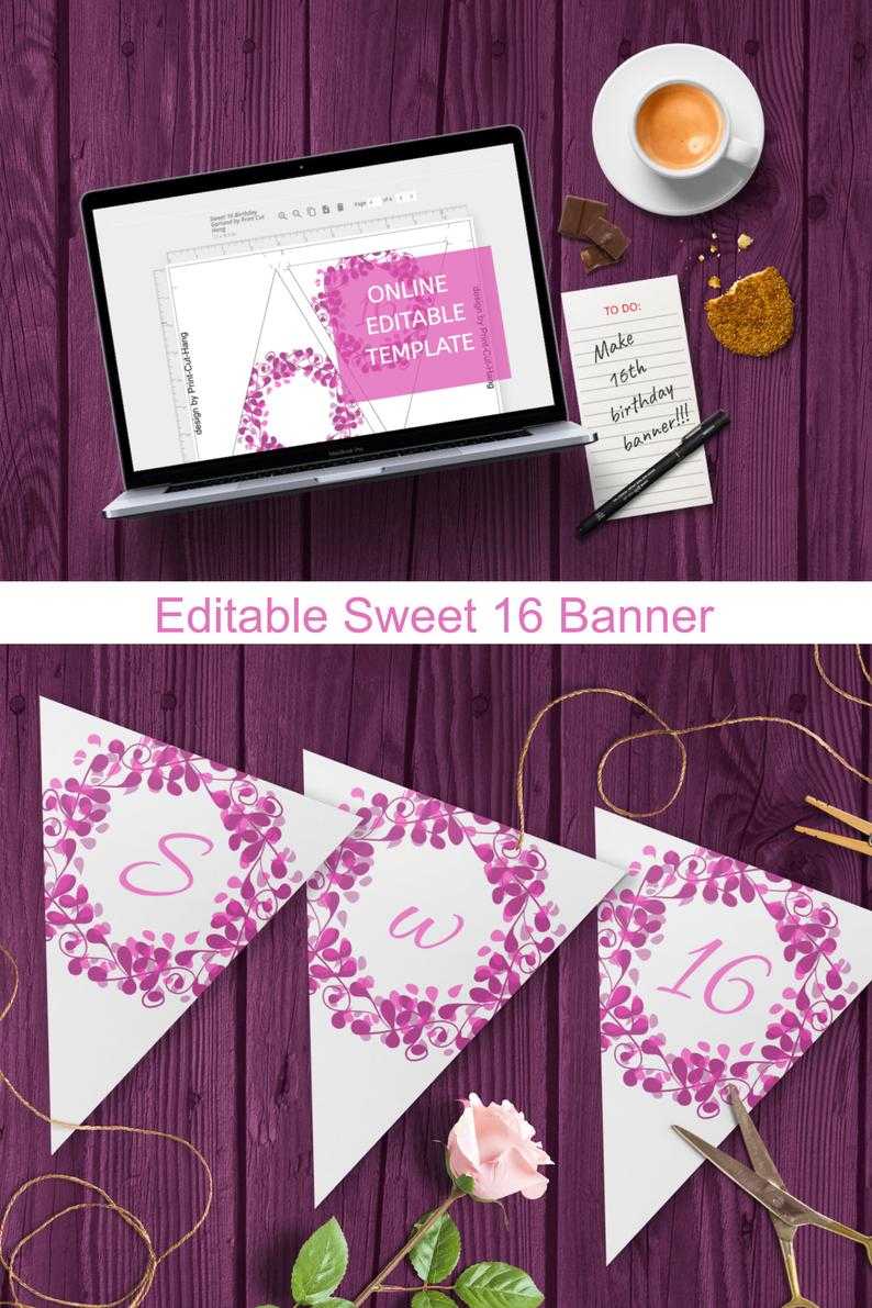 Editable Sweet 16 Banner Template For Pink Purple 16Th Birthday Decoration Inside Sweet 16 Banner Template