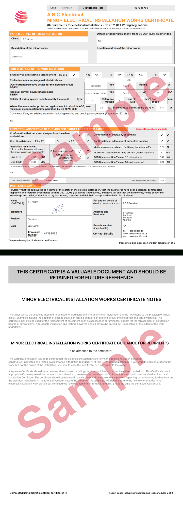 Electrical Certificate - Example Minor Works Certificate With Regard To Electrical Minor Works Certificate Template