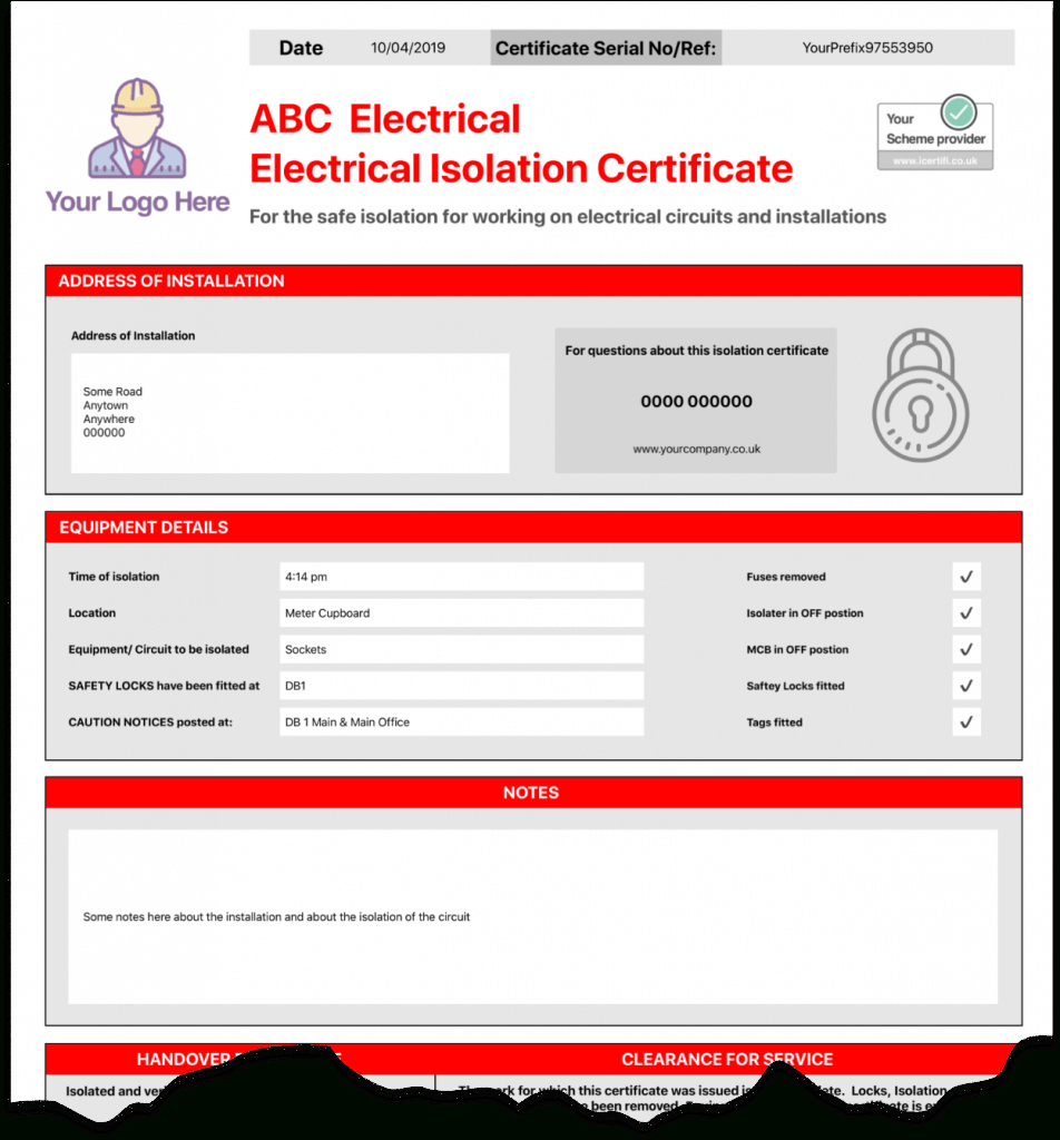 Electrical Isolation Certificate | Send Unlimited Pertaining To Electrical Installation Test Certificate Template