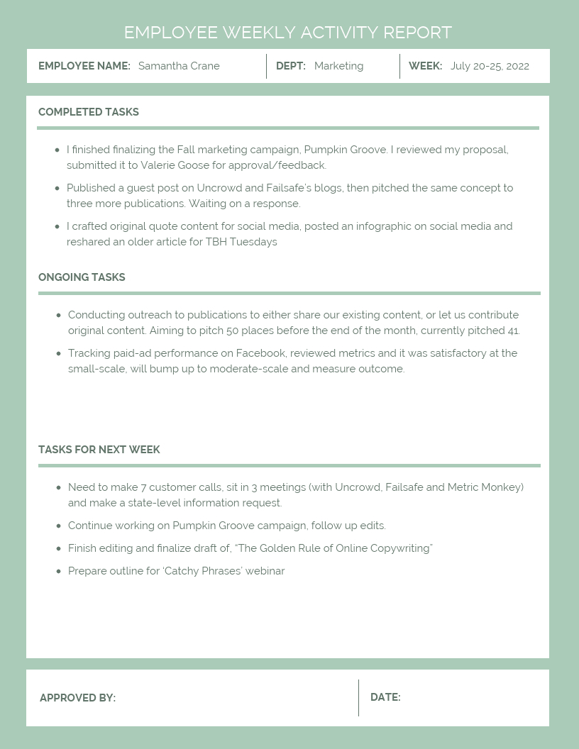 Employee Weekly Activity Report Within Marketing Weekly Report Template
