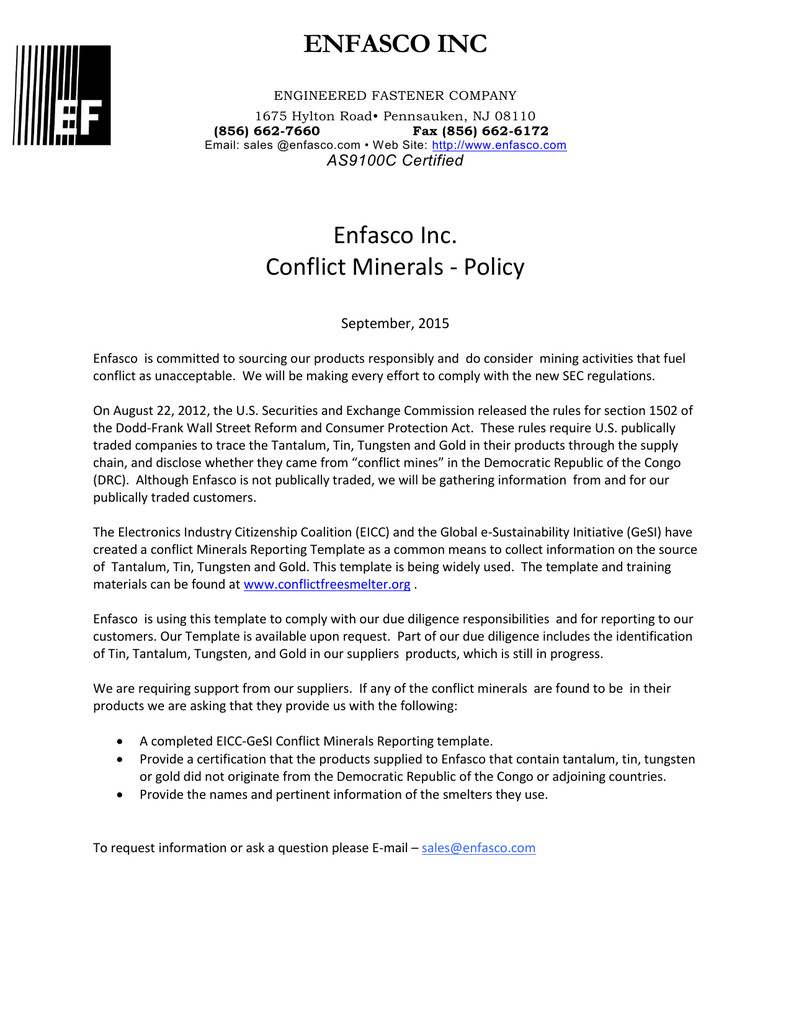 Enfasco Inc Enfasco Inc. Conflict Minerals - Policy Within Eicc Conflict Minerals Reporting Template
