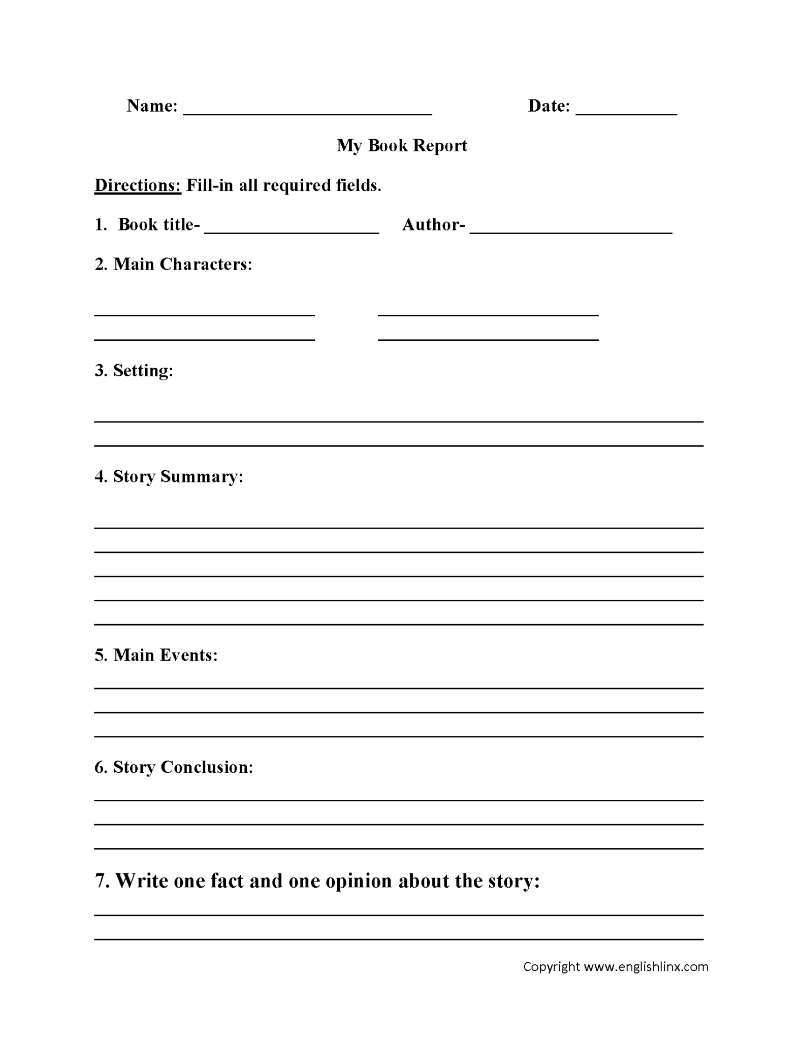 Book Report Template 4Th Grade