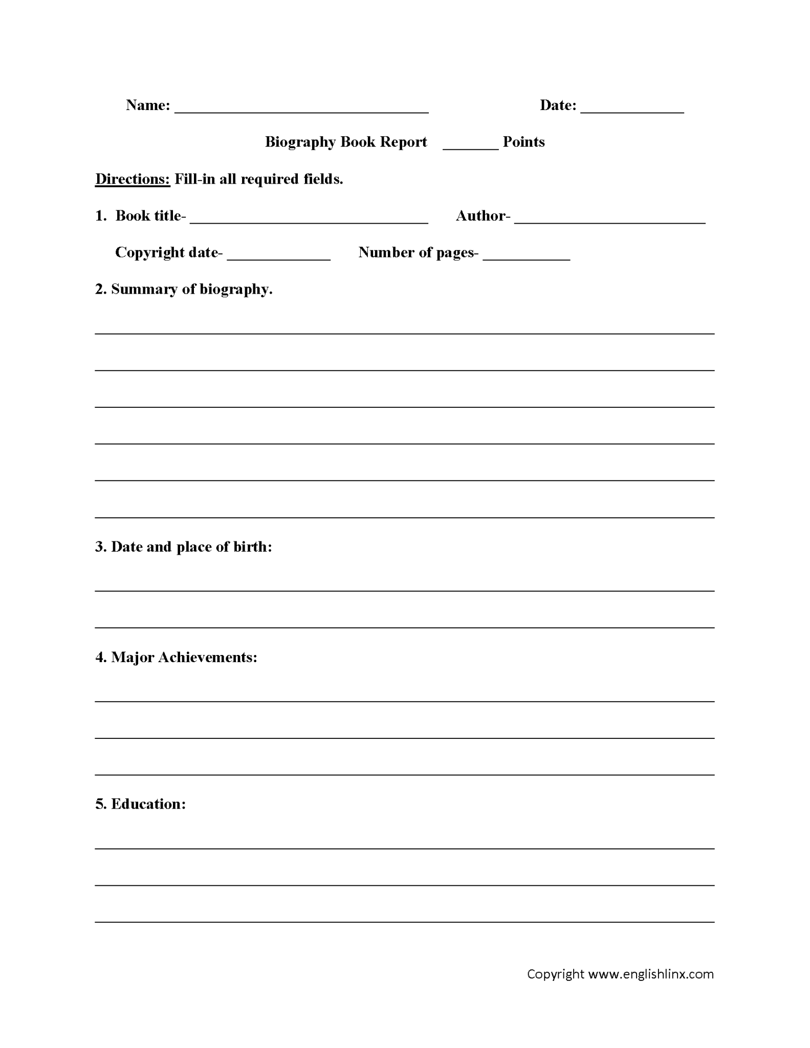 Book Report Template 5Th Grade