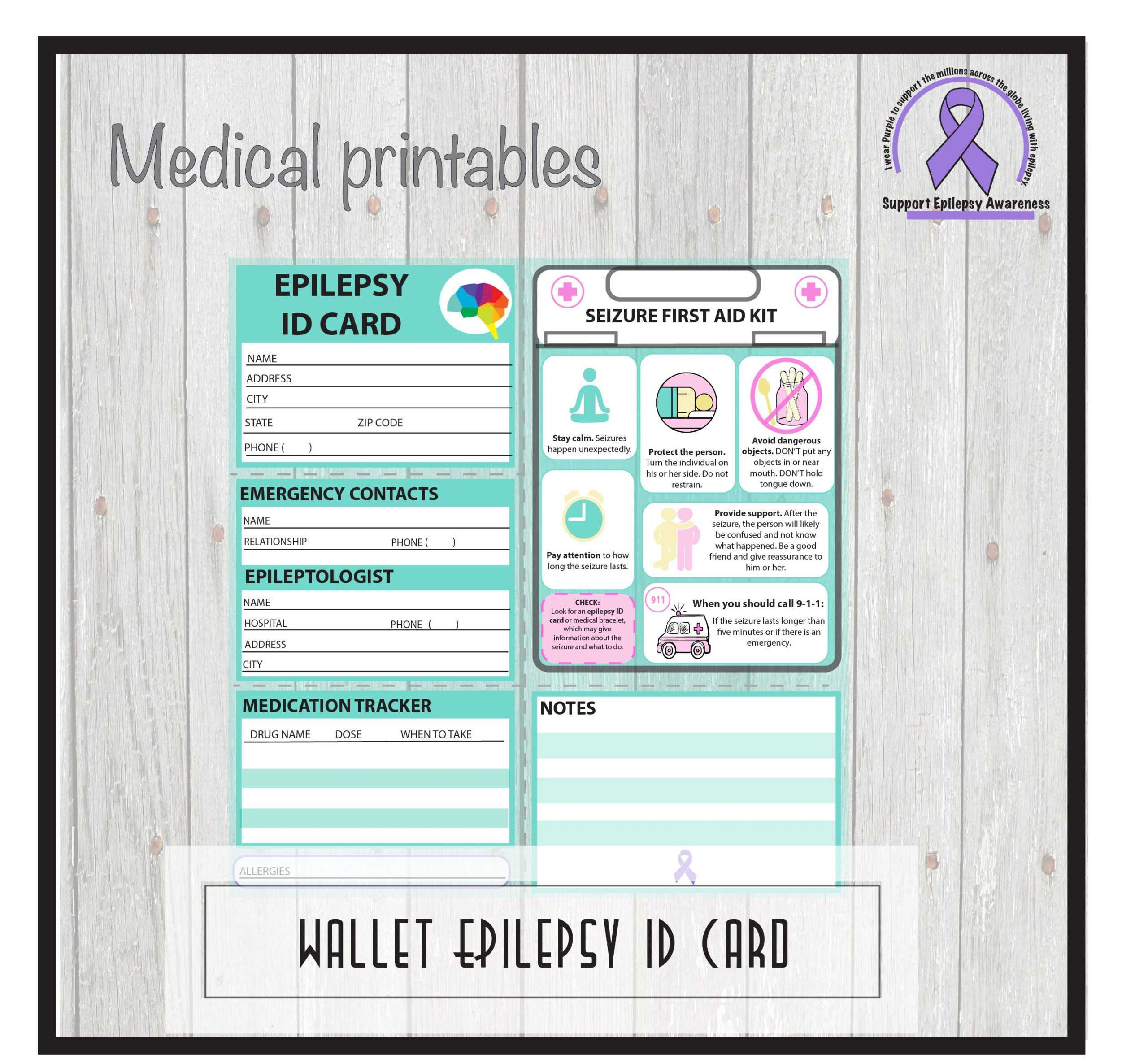 Epilepsy Medical Alert Id Card, Pocket Wallet Id, School For Medical Alert Wallet Card Template