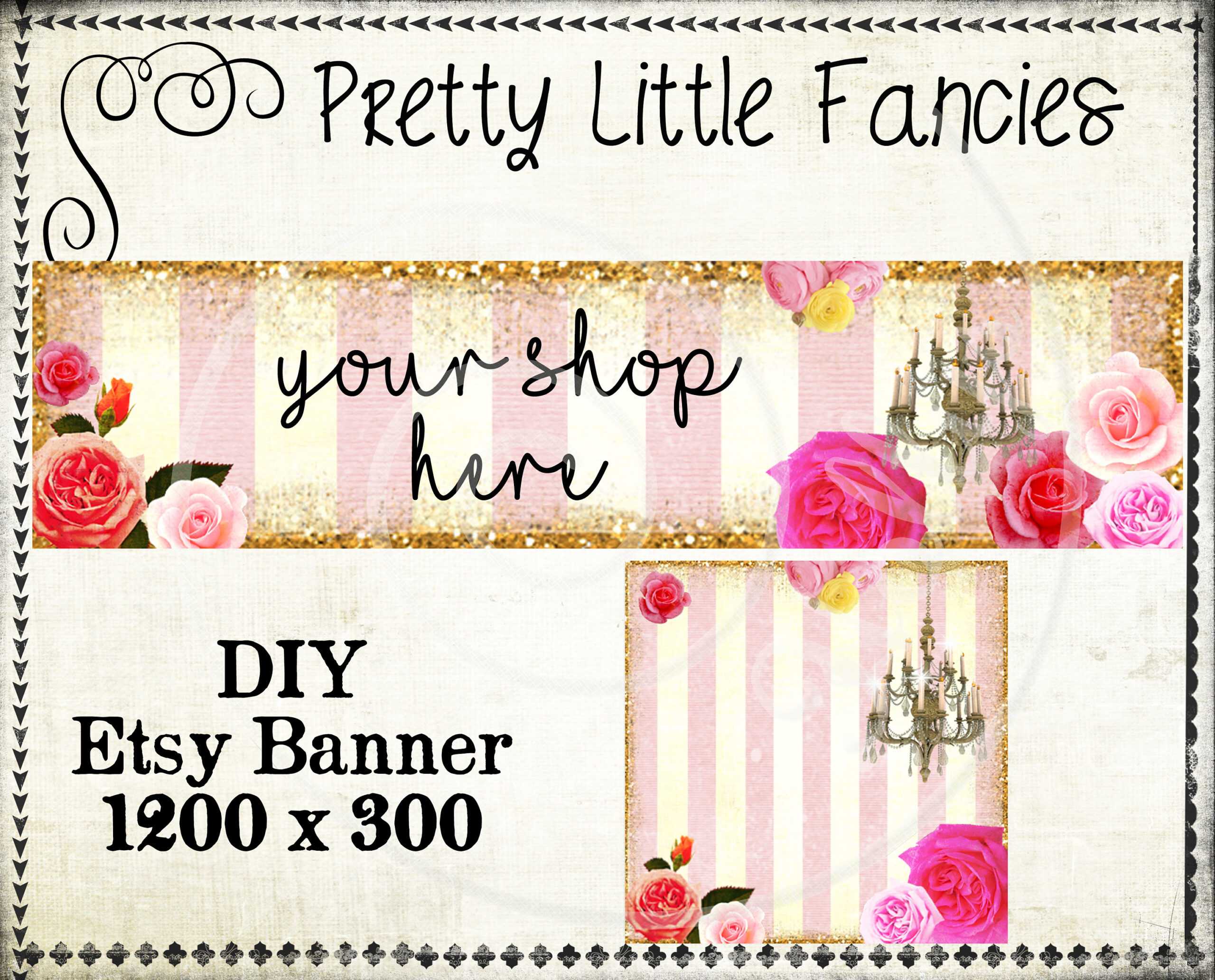 Etsy Shop Banner Diy Banner Template Premade Etsy Store Large Banner And  Icon Gold Glitter Digital Roses Chandelier Pertaining To Etsy Banner Template
