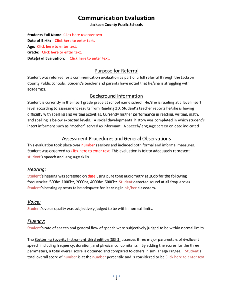 Evaluation Template 4 Within Speech And Language Report Template