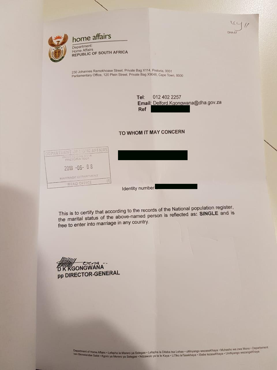 Example Of Letter Of No Impediment For South Africa For South African Birth Certificate Template