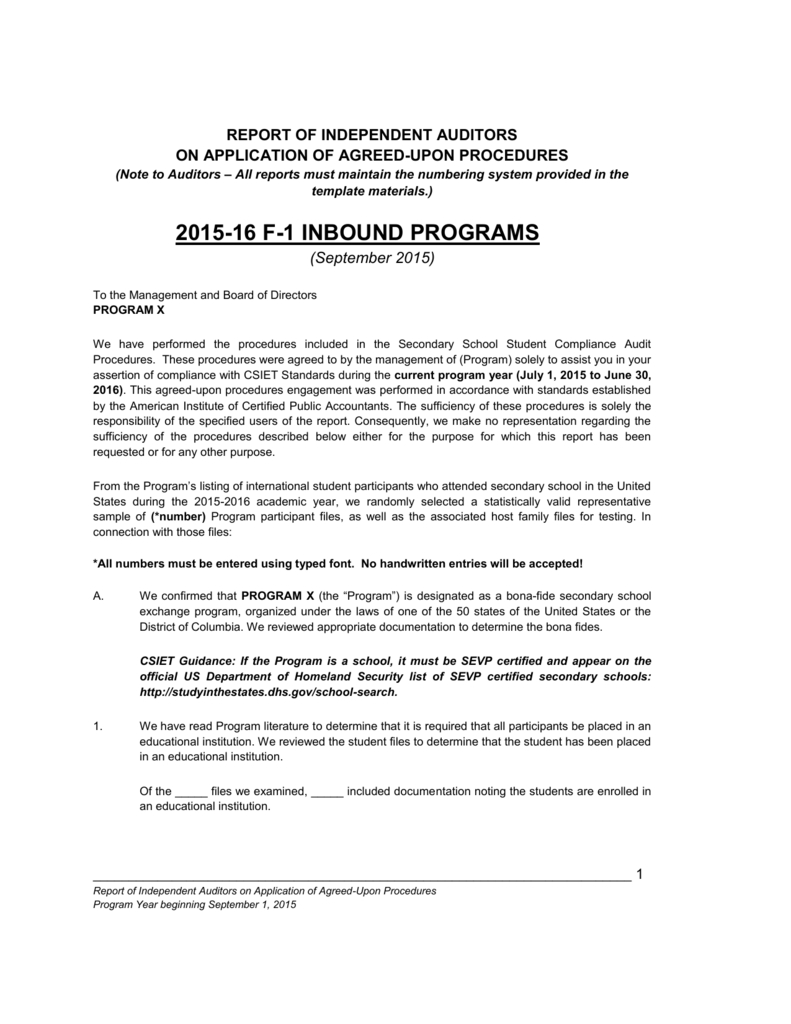 F 1 Compliance Audit Report For Agreed Upon Procedures Report Template