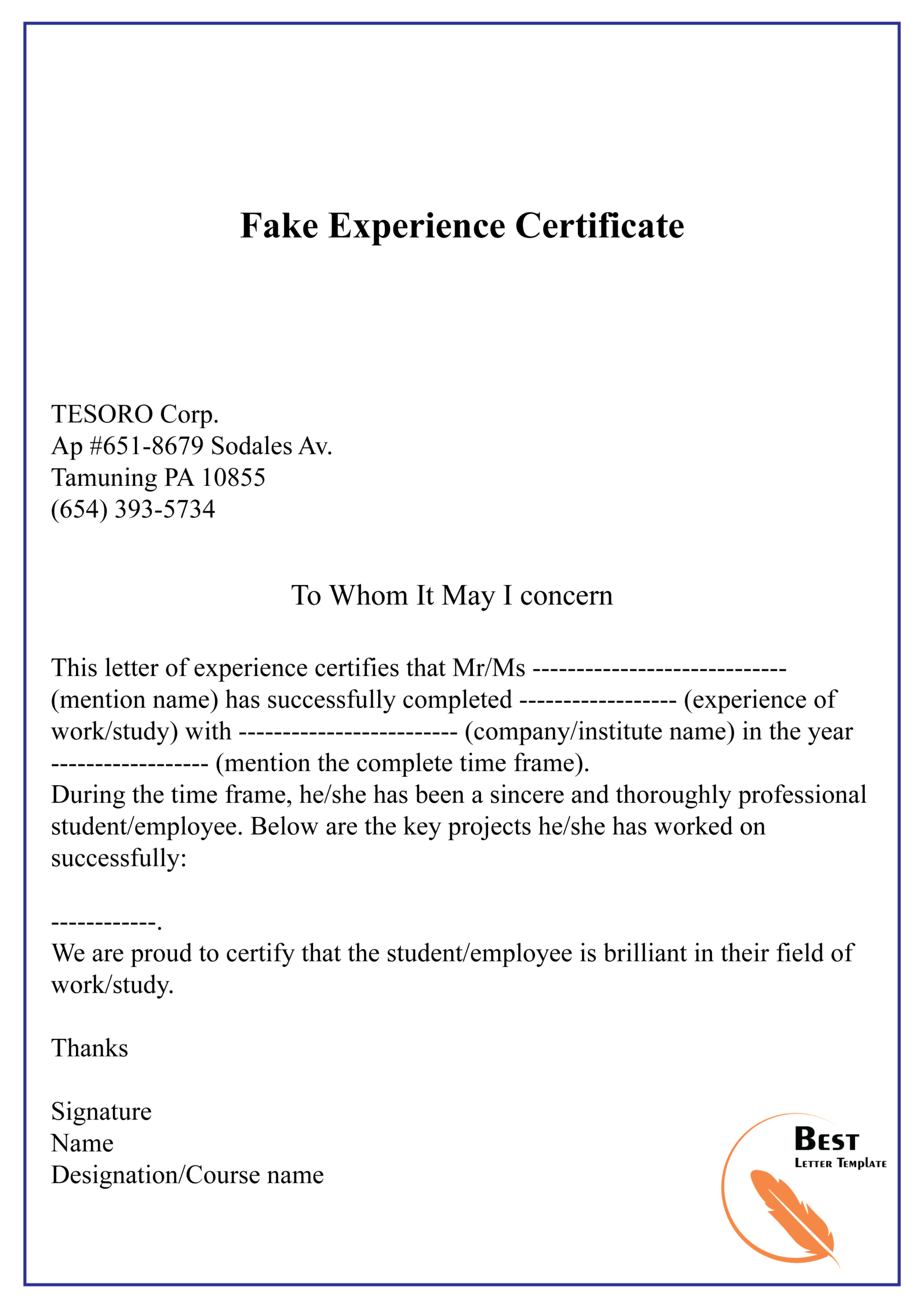 Fake Experience Certificate 01 | Best Letter Template Within Certificate Of Experience Template
