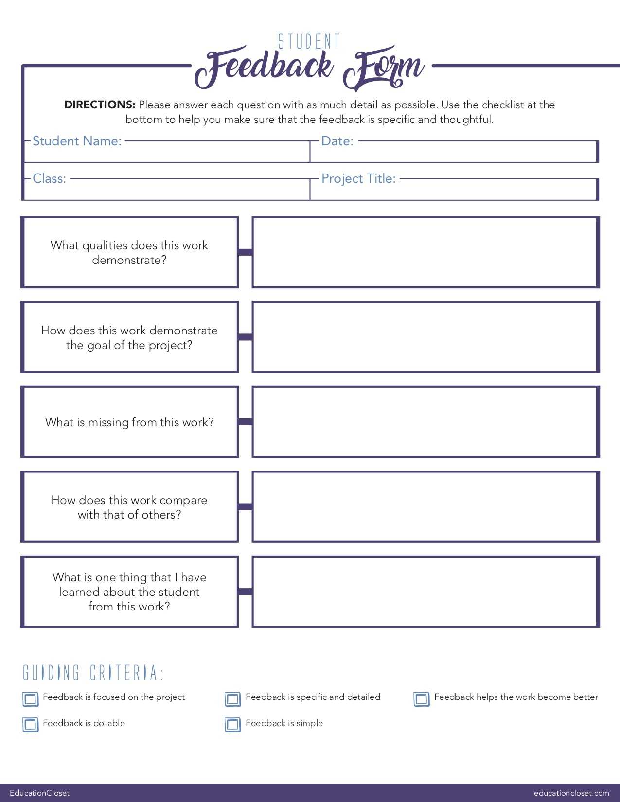 Feedback Form Students And Teachers Forms Educationcloset With Student Feedback Form Template Word