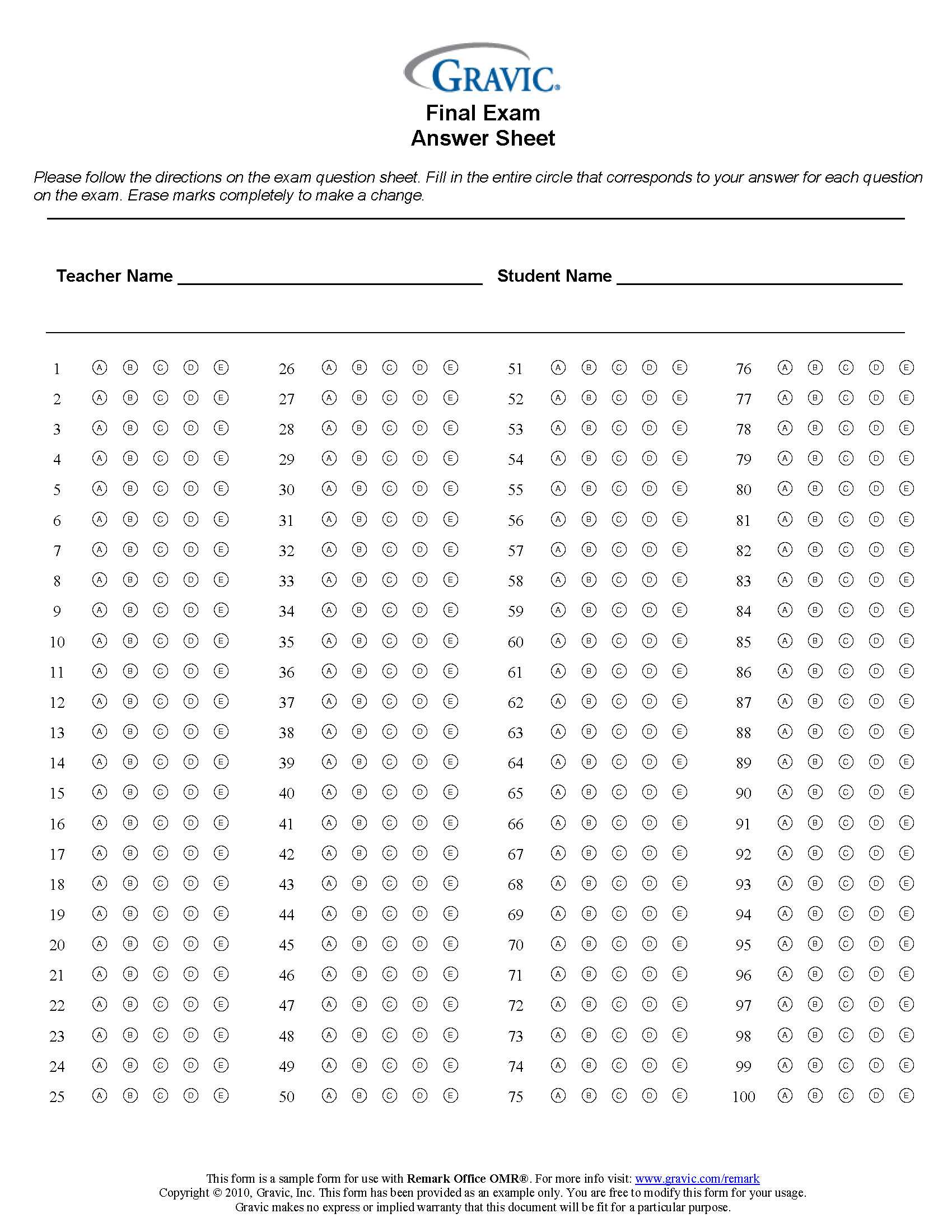 Final Exam 100 Question Test Answer Sheet · Remark Software Intended For Blank Answer Sheet Template 1 100