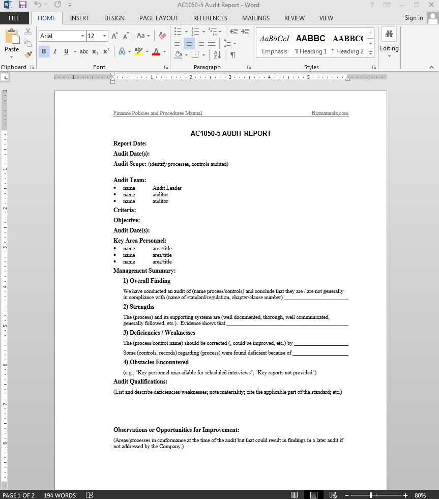 Financial Audit Report Template | Ac1050 5 Inside Report Template Word 2013