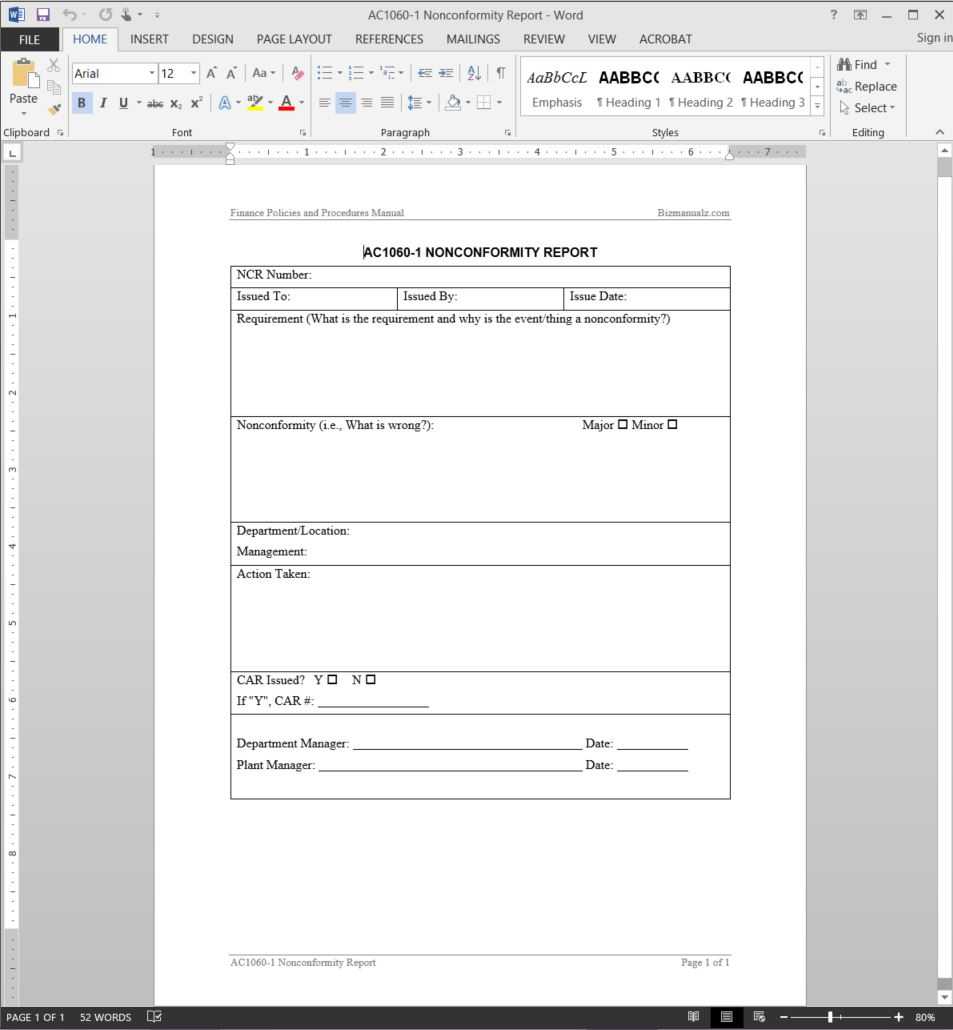 Financial Nonconformity Report Template | Ac1060 1 In Non Conformance Report Template