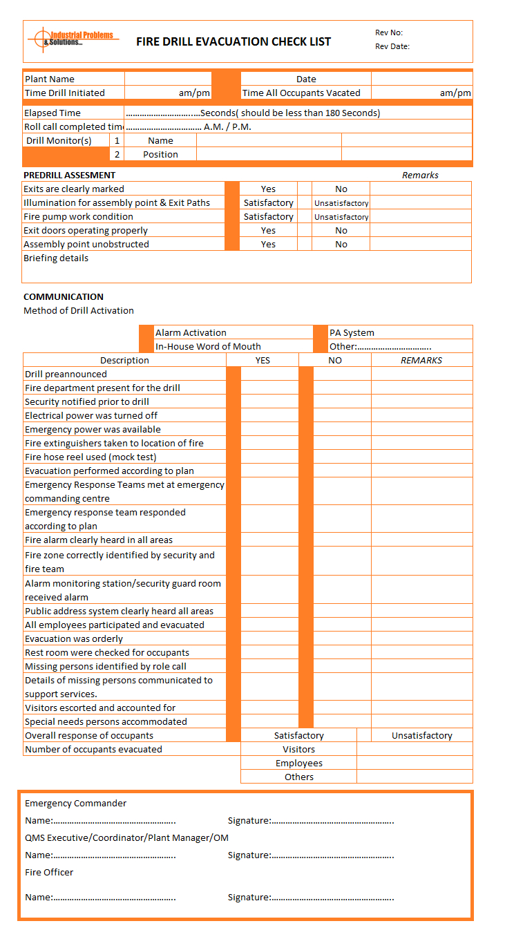 Fire Drill Evacuation Checklist | Format | Example For Emergency Drill Report Template