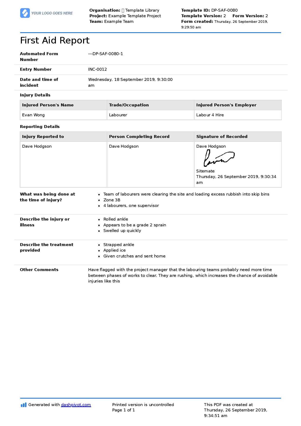 First Aid Report Form Template (Free To Use, Better Than Pdf) Inside First Aid Incident Report Form Template