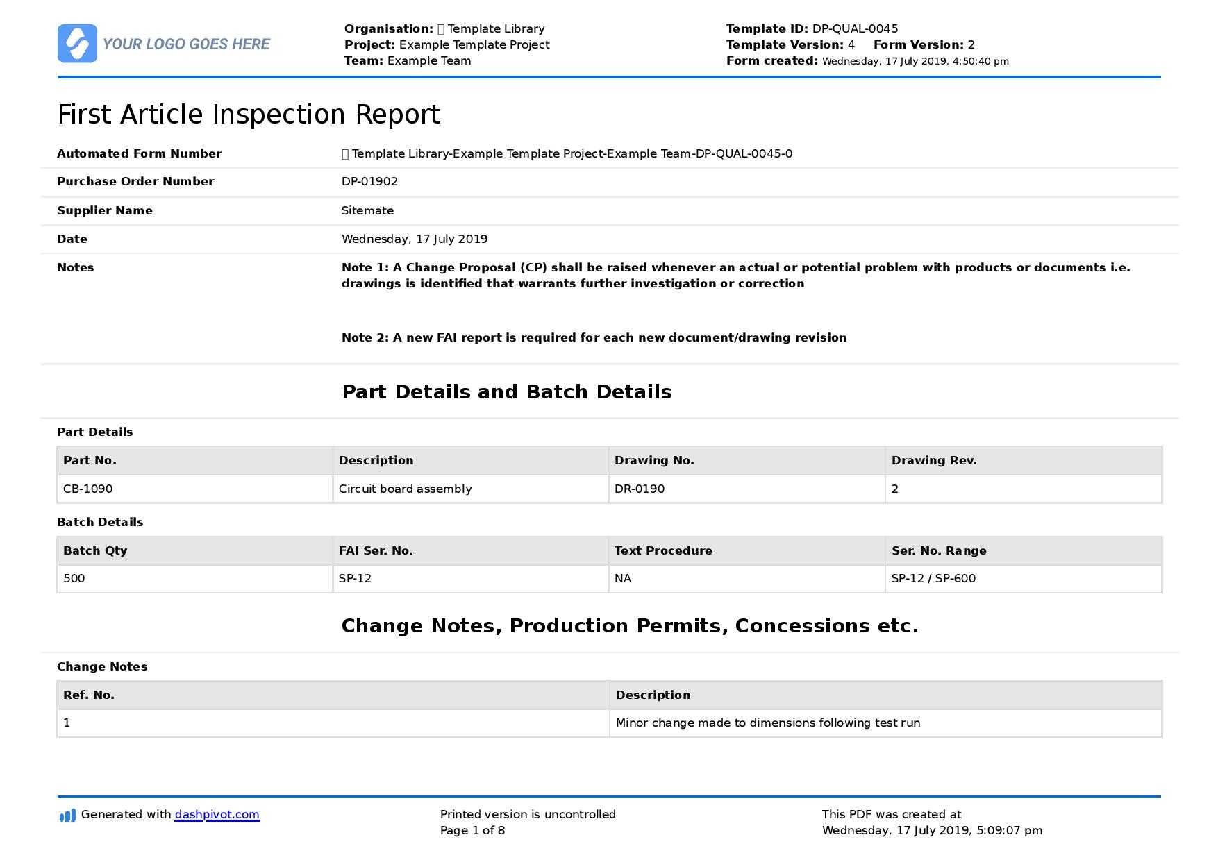 First Article Inspection Form Template: Free & Editable Intended For Engineering Inspection Report Template