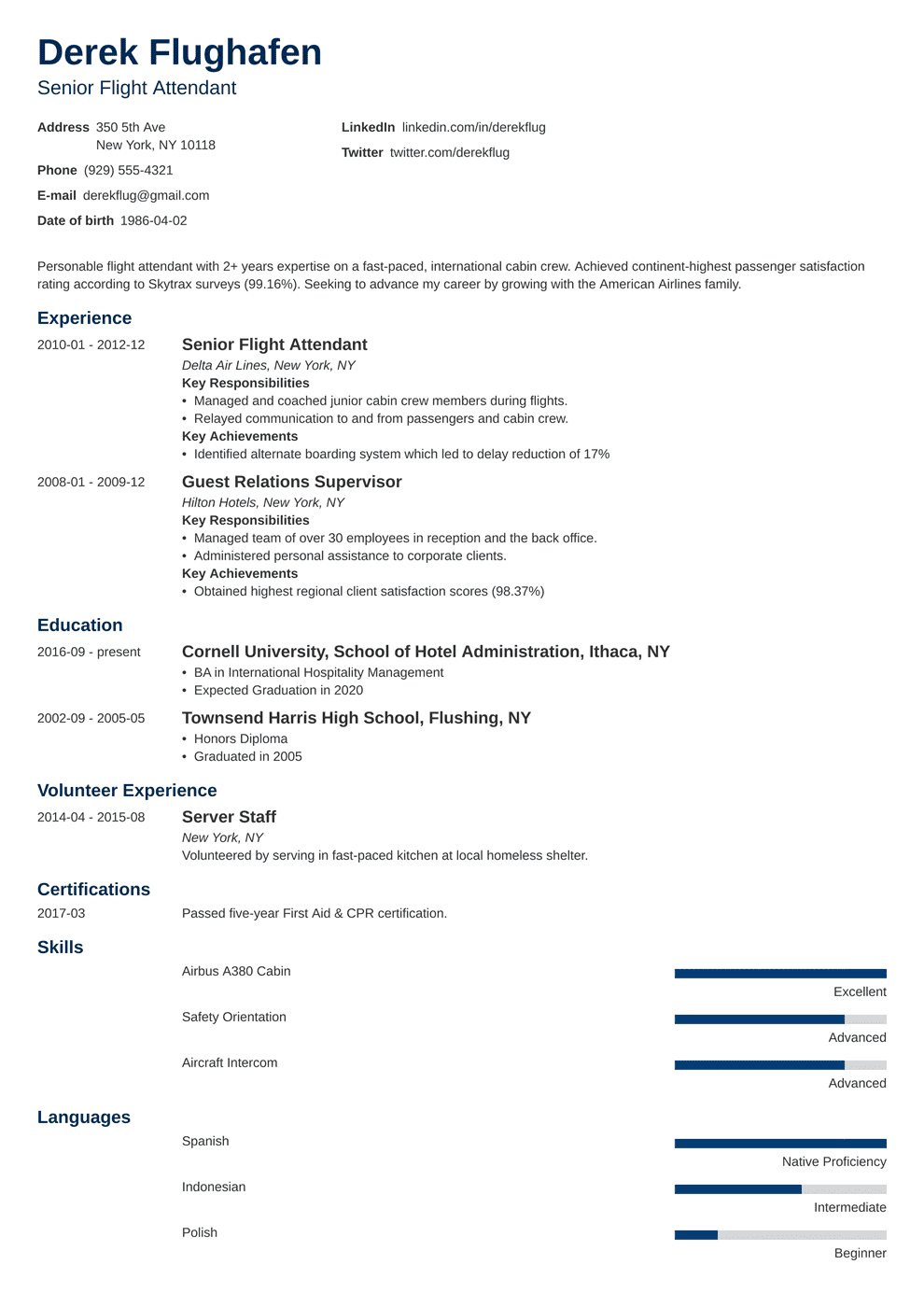 Flight Attendant Resume Sample & Guide [With Skills & More] Regarding Fit To Fly Certificate Template