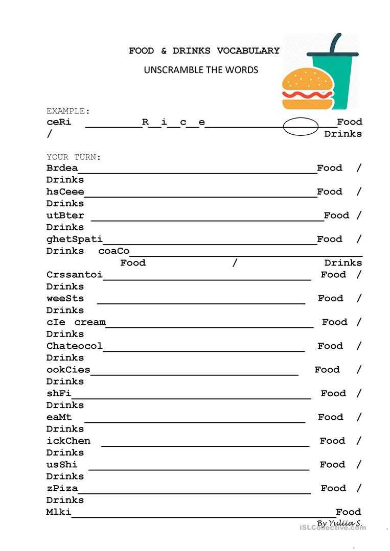 Food And Drinks Vocabulary Unscramble – English Esl Worksheets For Vocabulary Words Worksheet Template