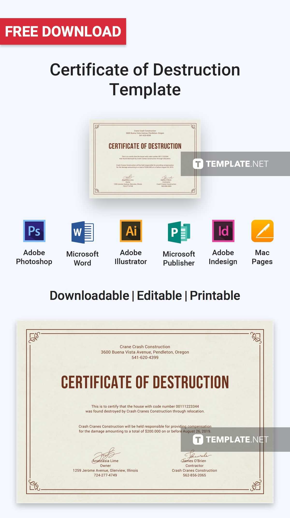 Free Certificate Of Destruction | Certificate Templates Regarding Certificate Of Destruction Template