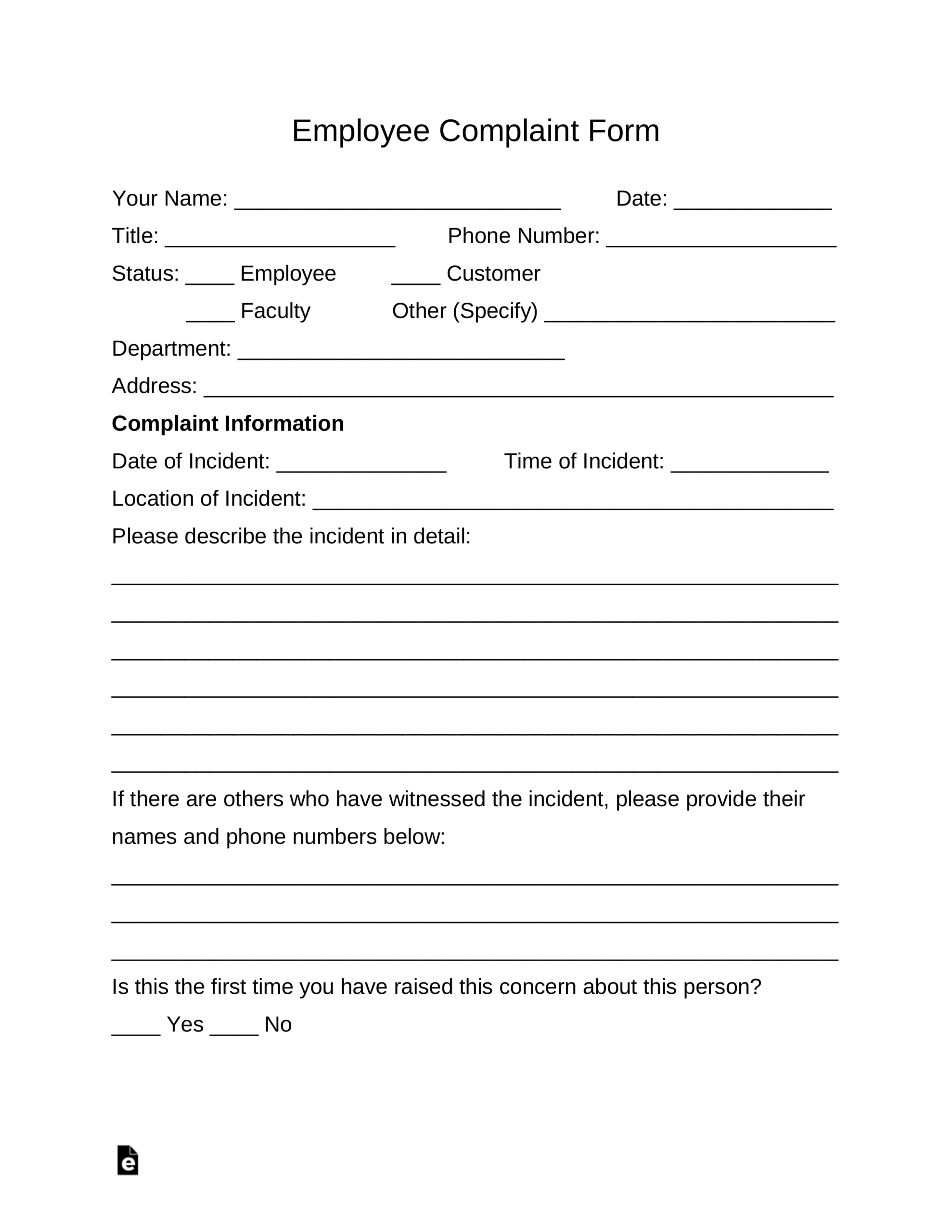 Free Employee Complaint Form - Pdf | Word | Eforms – Free Within Word Employee Suggestion Form Template
