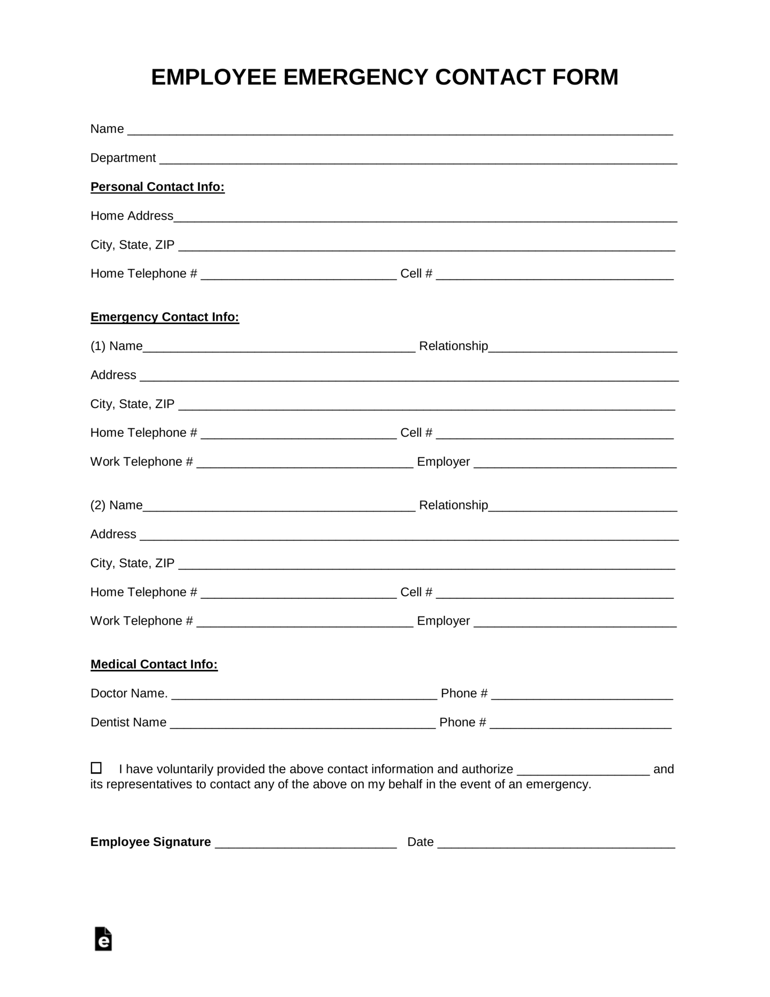 Free Employee Emergency Contact Form Pdf Word Eforms Regarding