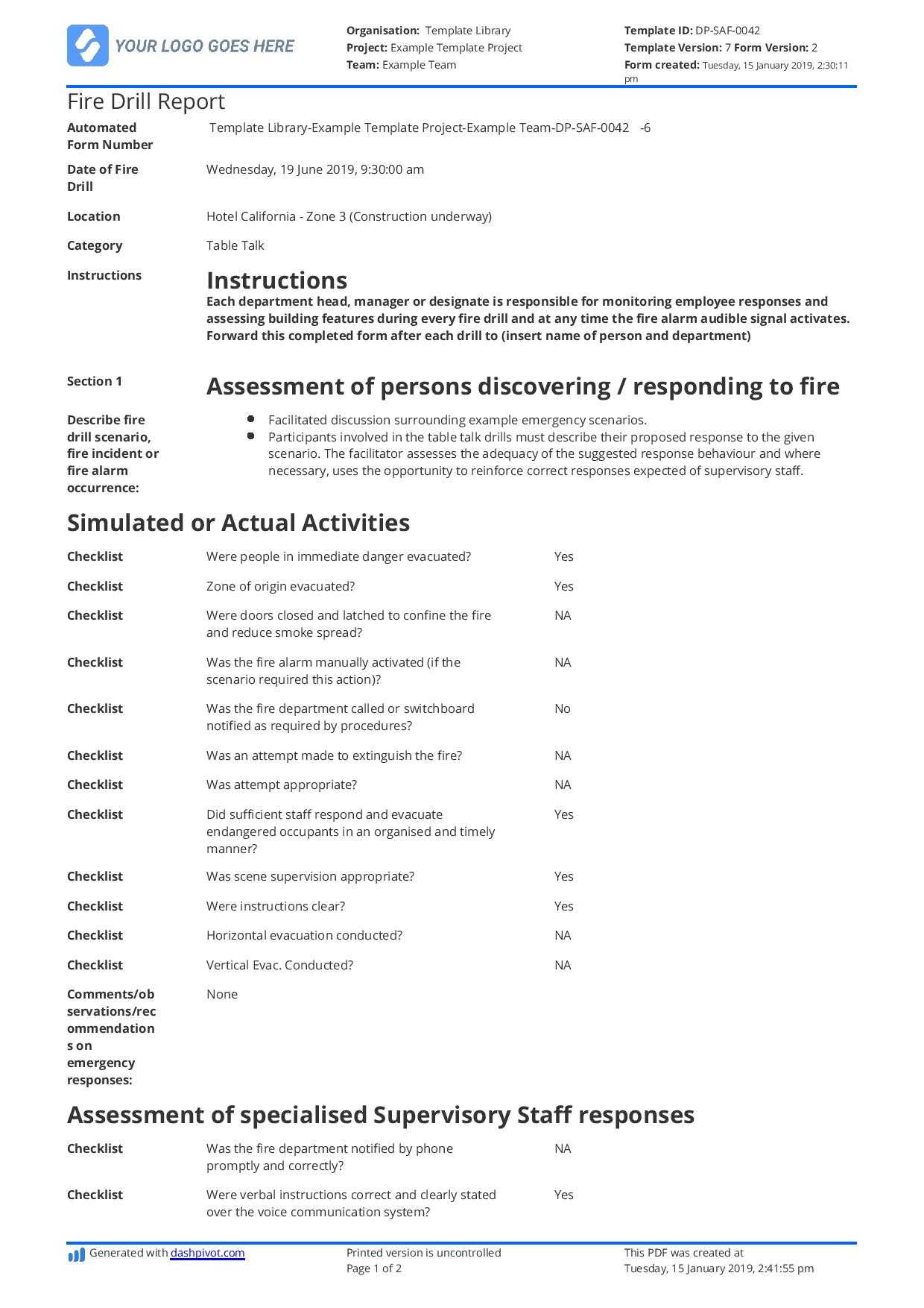 Free Fire Drill Report Template – Use, Customise, Download Throughout Emergency Drill Report Template