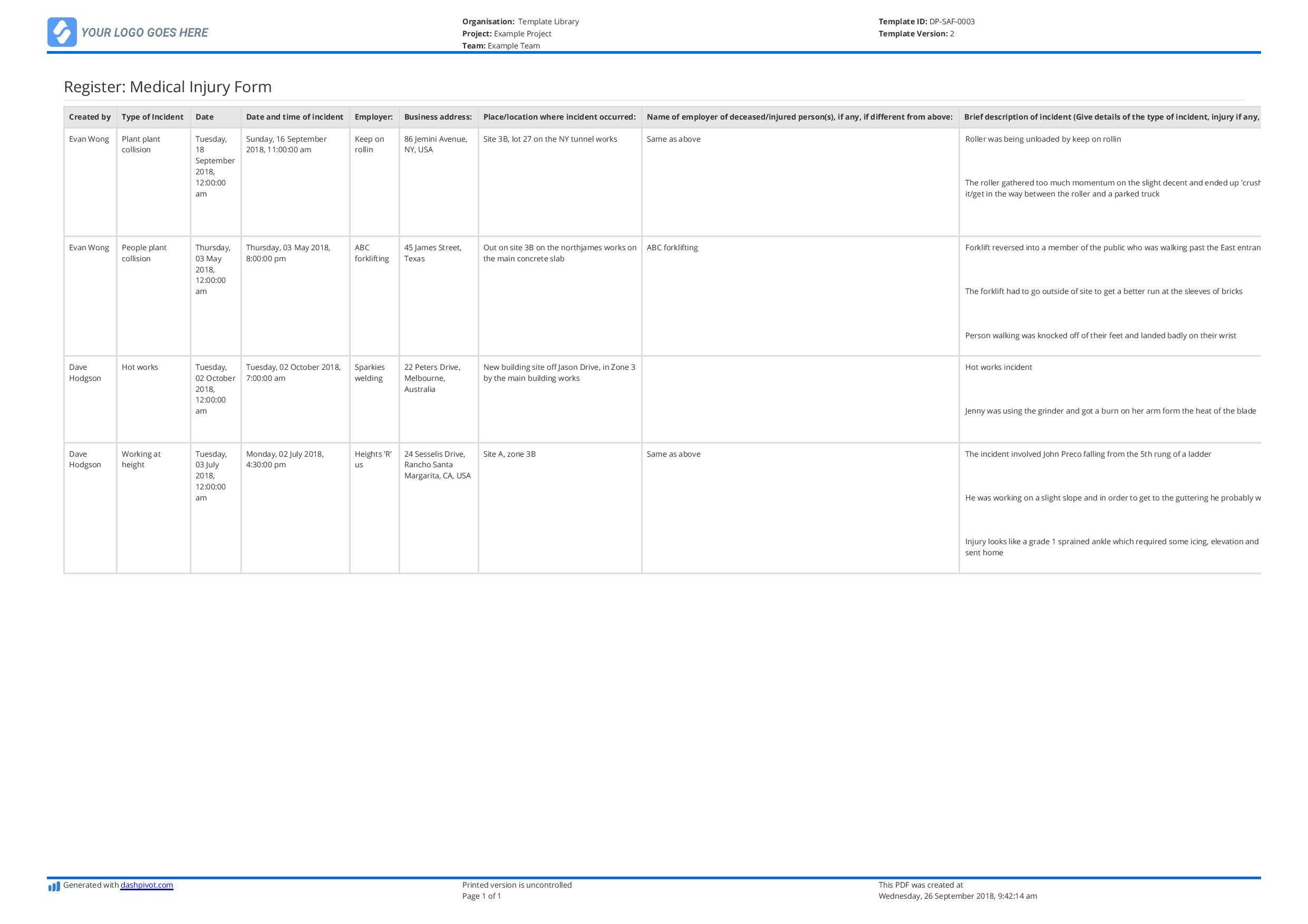 Free First Aid Register Template: Better Than Excel And For Incident Report Register Template