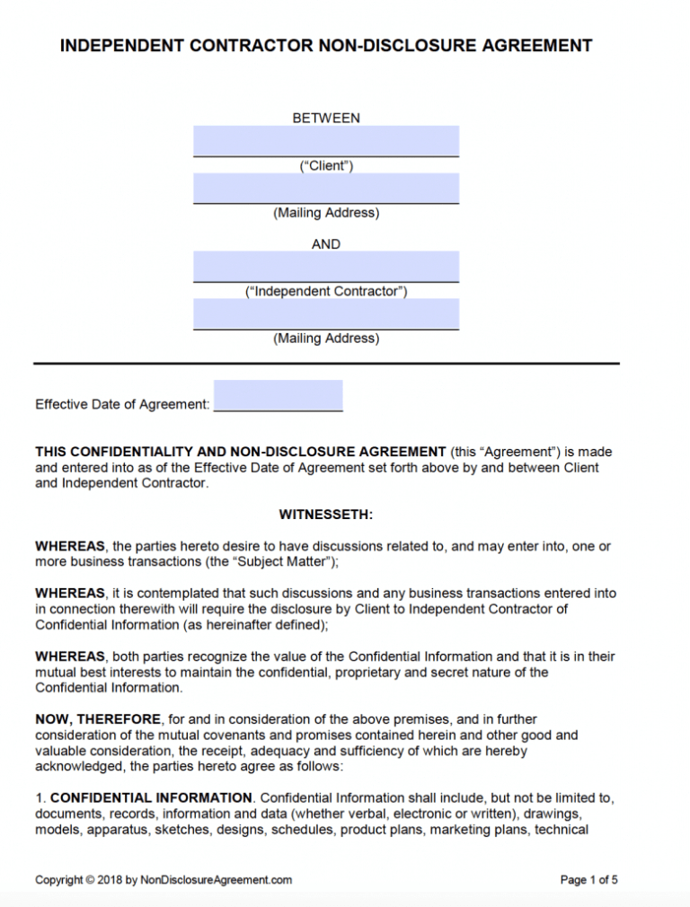 Free Independent Contractor Non Disclosure Agreement Nda Pertaining To 