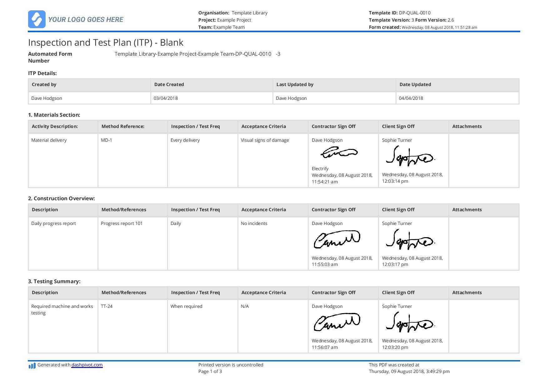 Free Inspection And Test Plan Template (Better Than Excel Inside Software Test Plan Template Word