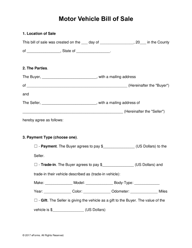 Free Motor Vehicle (Dmv) Bill Of Sale Form - Word | Pdf With Regard To Vehicle Bill Of Sale Template Word