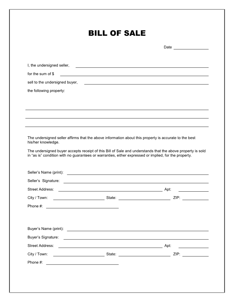 Free Printable Blank Bill Of Sale Form Template – As Is Bill Inside Car Bill Of Sale Word Template