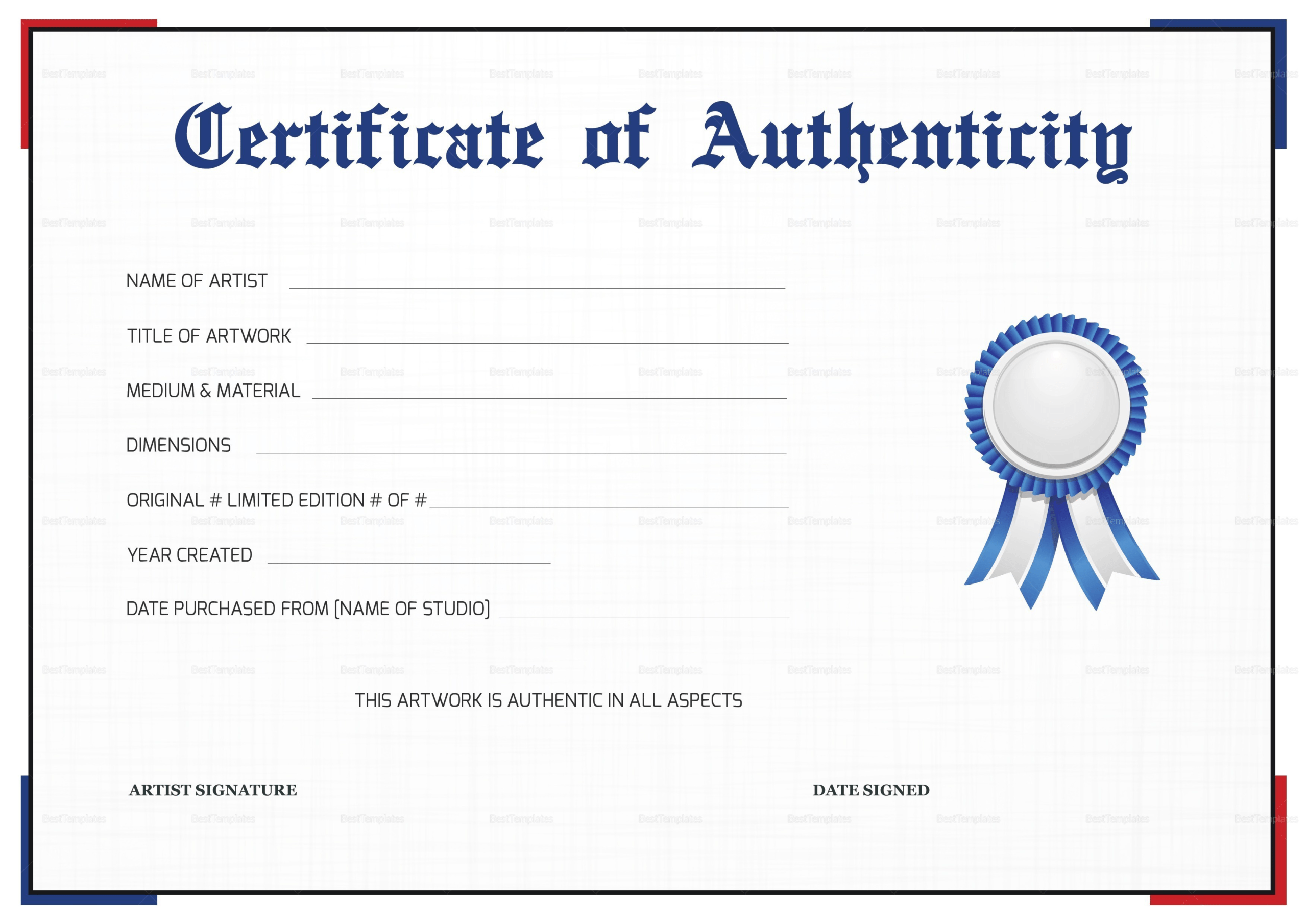 Free Printable Certificate Of Authenticity Templates | Mult Throughout Free Art Certificate Templates