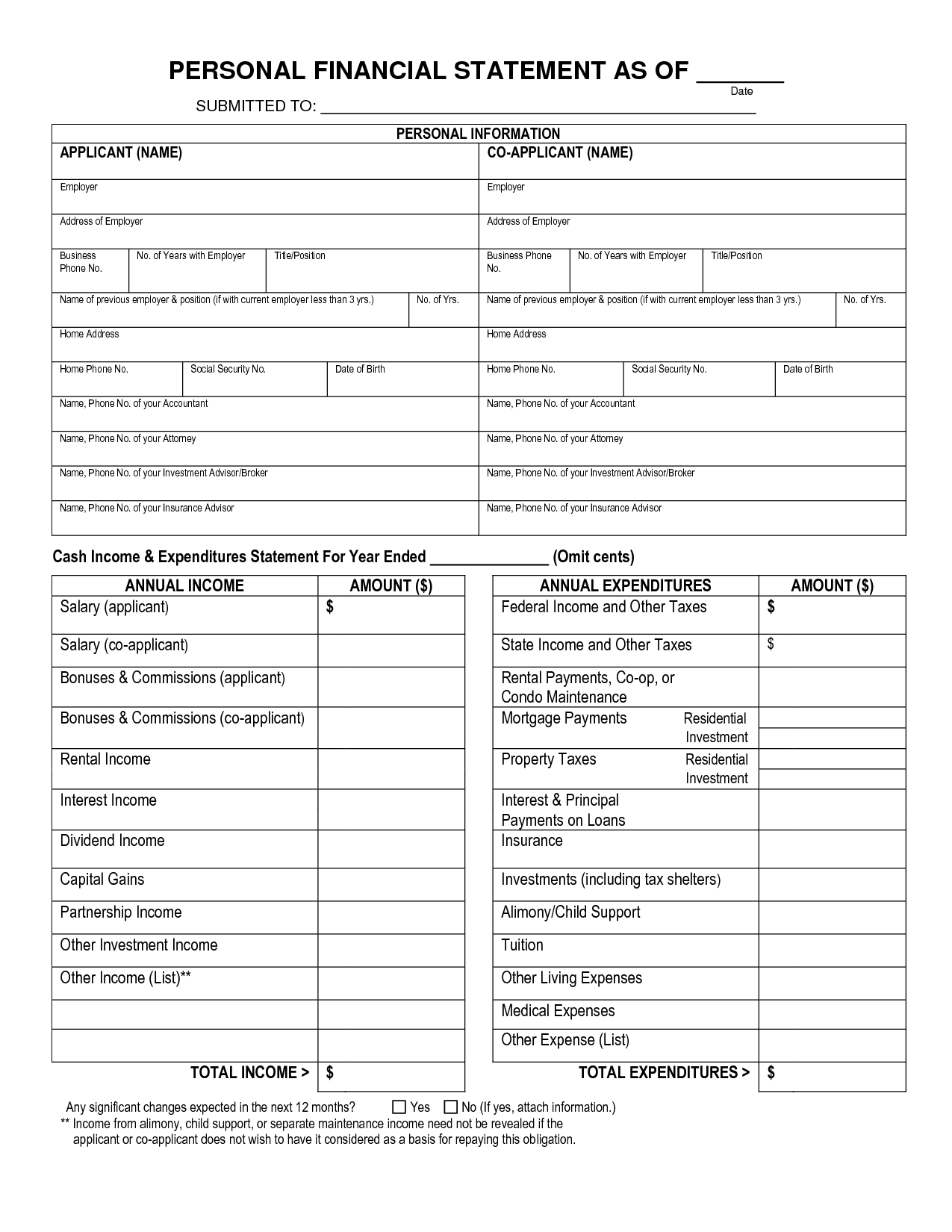 Free Printable Personal Financial Statement | Blank Personal Pertaining To Blank Personal Financial Statement Template