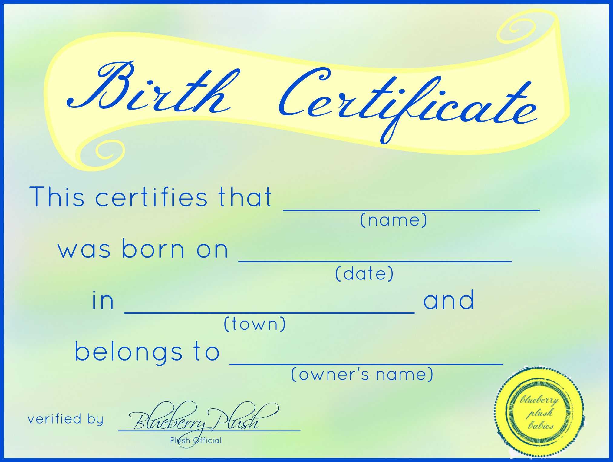 Free Printable Stuffed Animal Birth Certificates – Blueberry In Baby Doll Birth Certificate Template