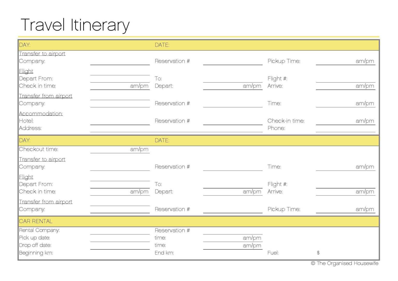 Blank Trip Itinerary Template