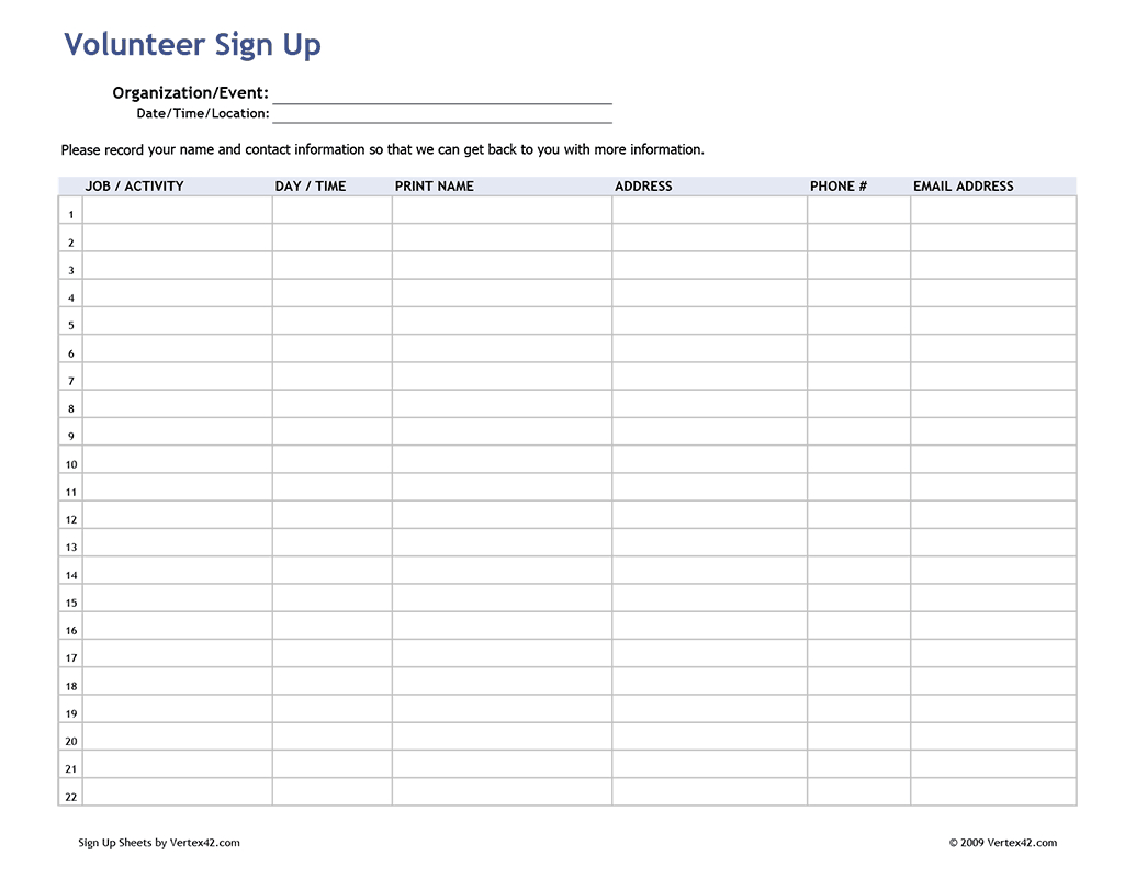 Free Printable Volunteer Sign Up Sheet (Pdf) From Vertex42 With Regard To Volunteer Report Template