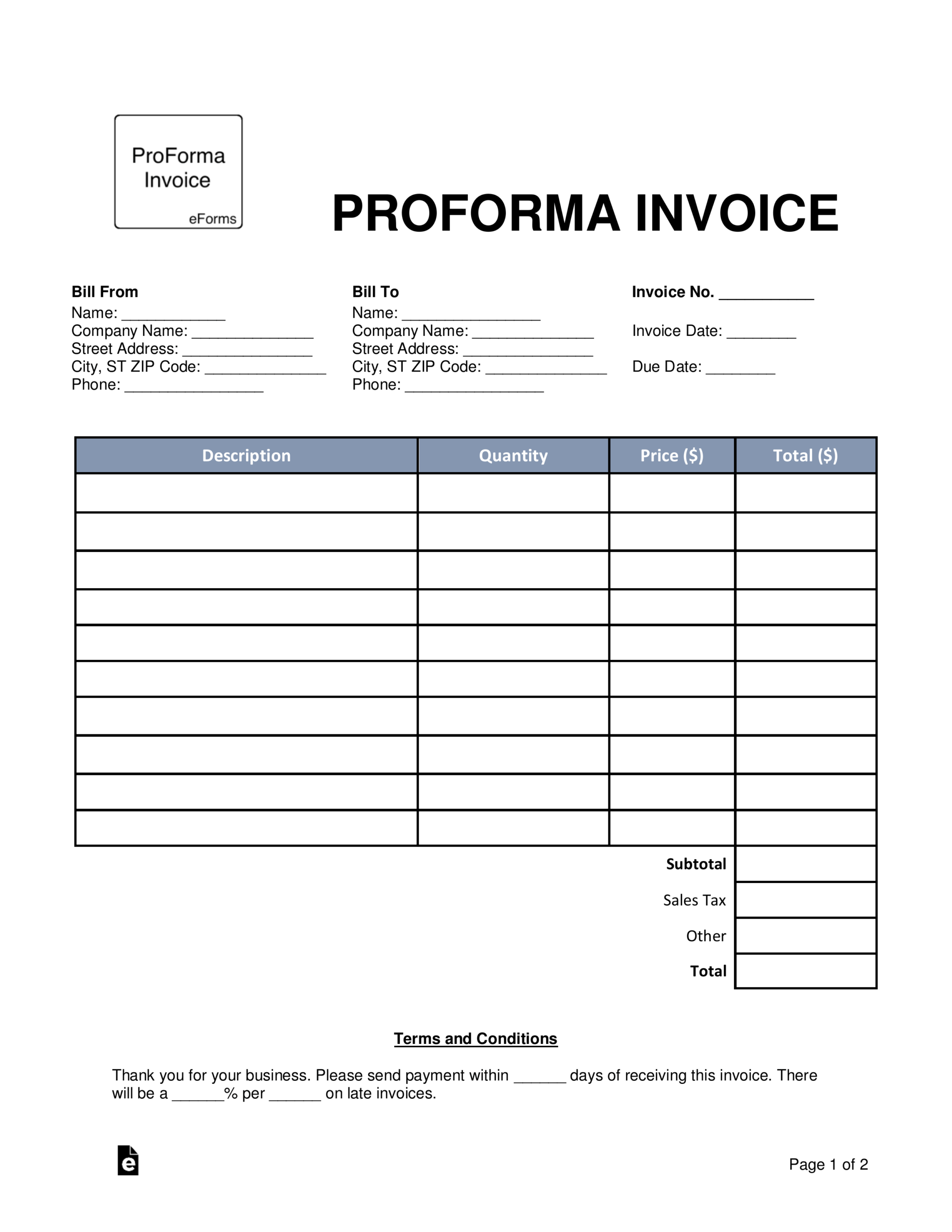 Free Proforma Invoice Template - Word | Pdf | Eforms – Free In Free Proforma Invoice Template Word