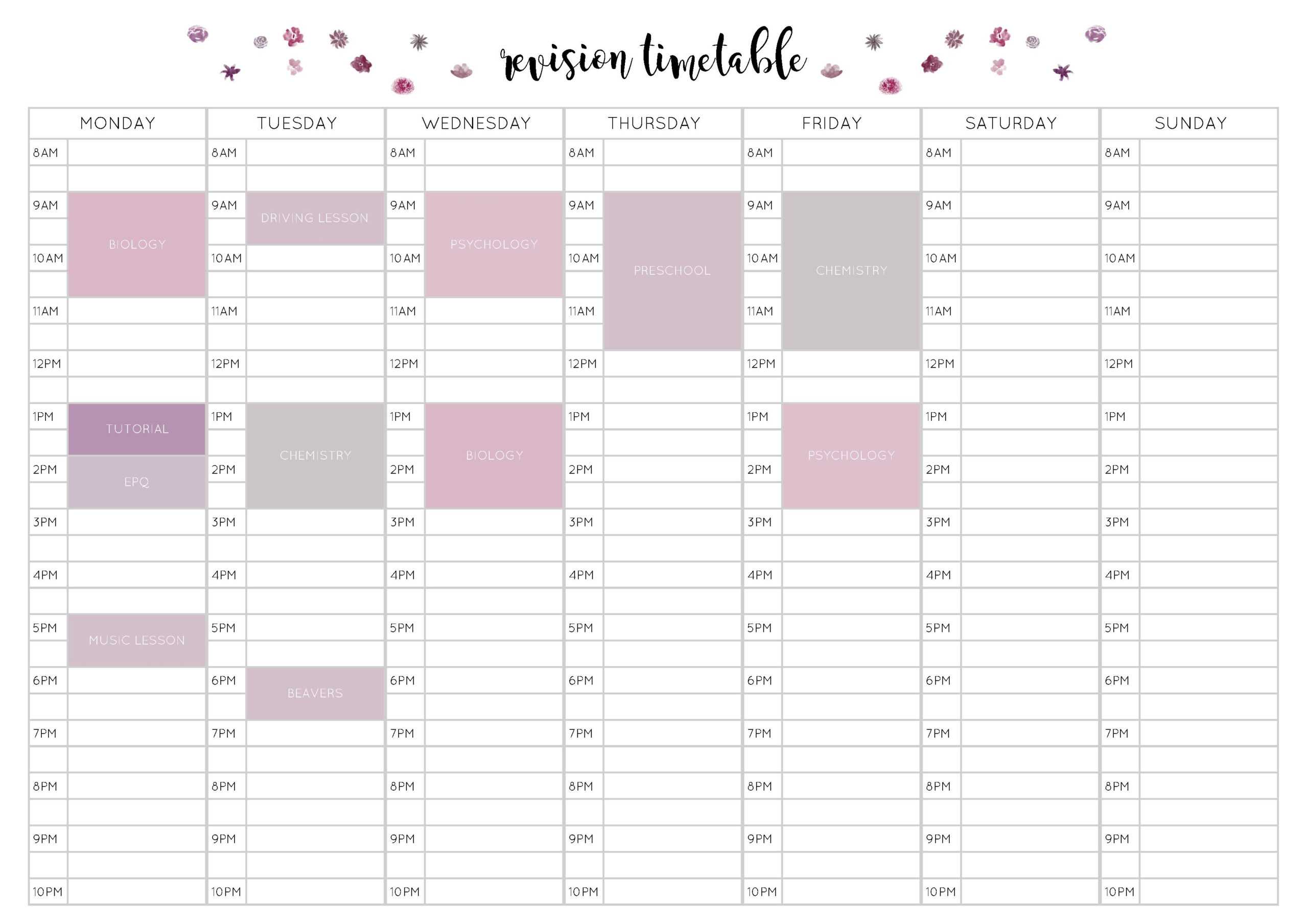 Free Revision Timetable Printable – Emily Studies In Blank Revision Timetable Template